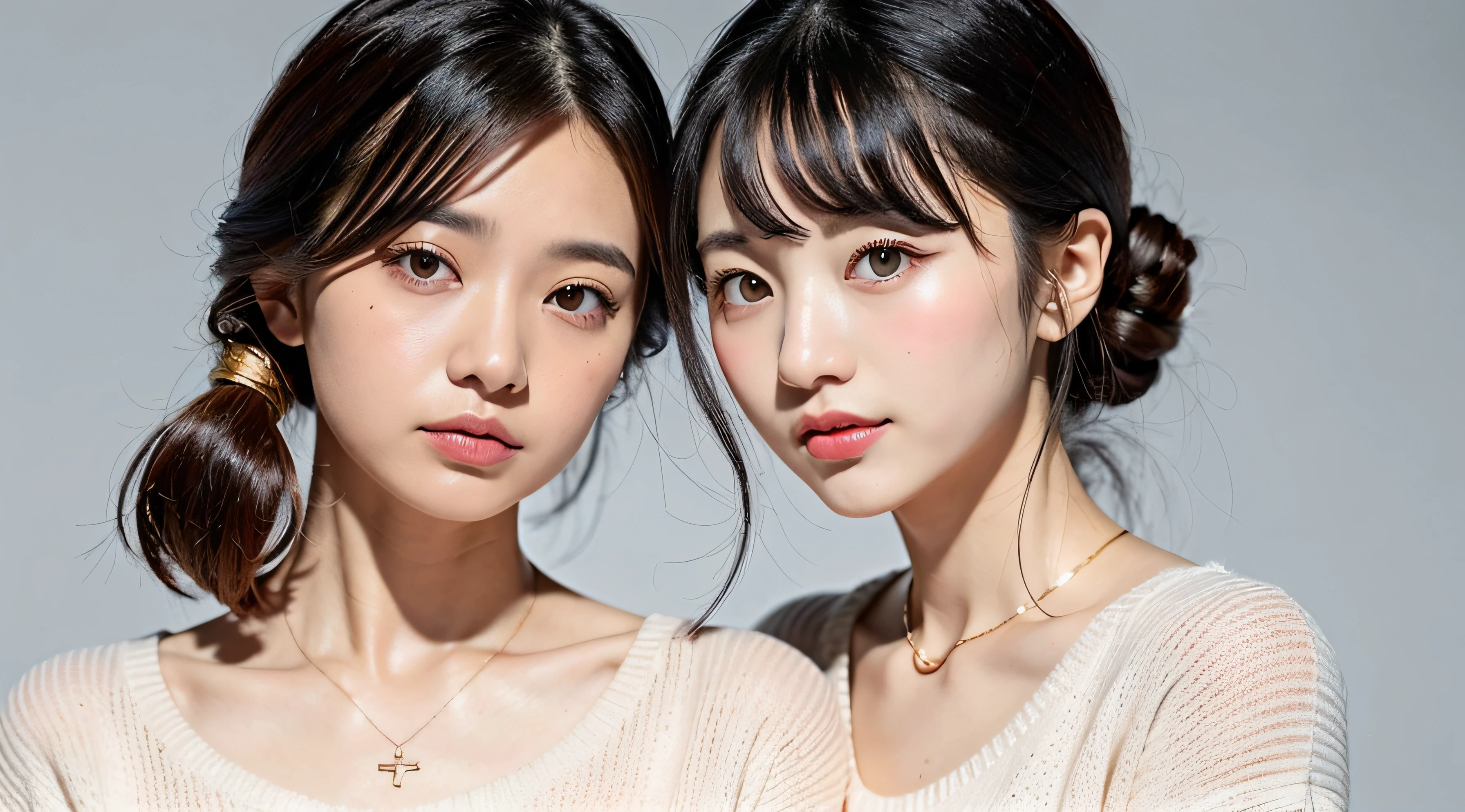(top-quality、8K、32K、​masterpiece、nffsw:1.2)、Photo of a cute Japanese woman、large full breasts、Bob hair up to the shoulders、The upper part of the body、sface focus、(Oversized_Sweaters、:1.1)a necklace、simple background、looking at the viewers、独奏、1 type