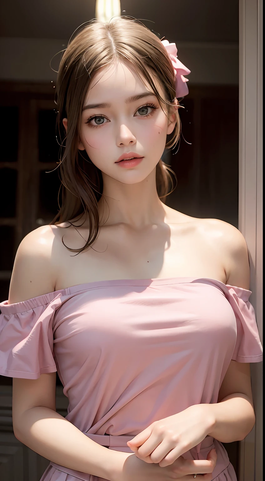 Best Quality, Masterpiece, Ultra High Resolution, (Realisticity: 1.4), Original Photo, 1girl, Pink Off-the-Shoulder, Cinematic Lighting