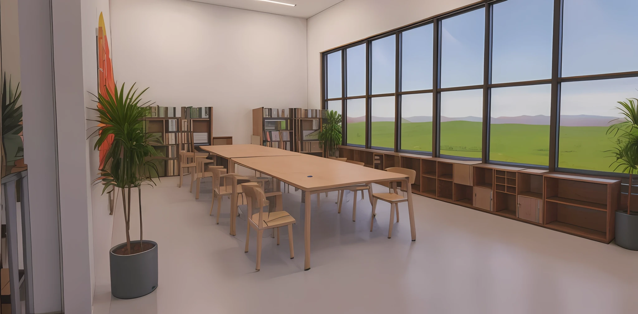 Students are learning，The study is equipped with a table and chairs，bookshelves，Learn about 20 large windows and large windows, There are books on the cabinet，Outside the window is the Tian Shan，There are chandeliers，Students are learning，Trees outside the window