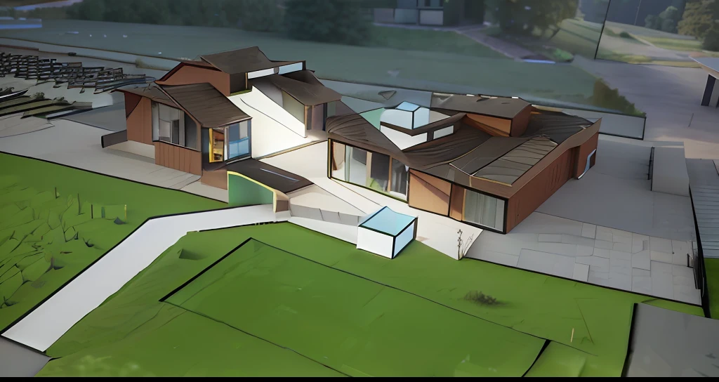 Rendering of a house with a lot of windows and a lot of grass, rendered 3d model, 3d rendered model, Perspective view, 3 / 4 view, 3/4 view, iso-distance view, Detailed rendering, detail render, conceptual rendering, pre-rendered, isometric view from behind, 3 d rendered, a 3D render