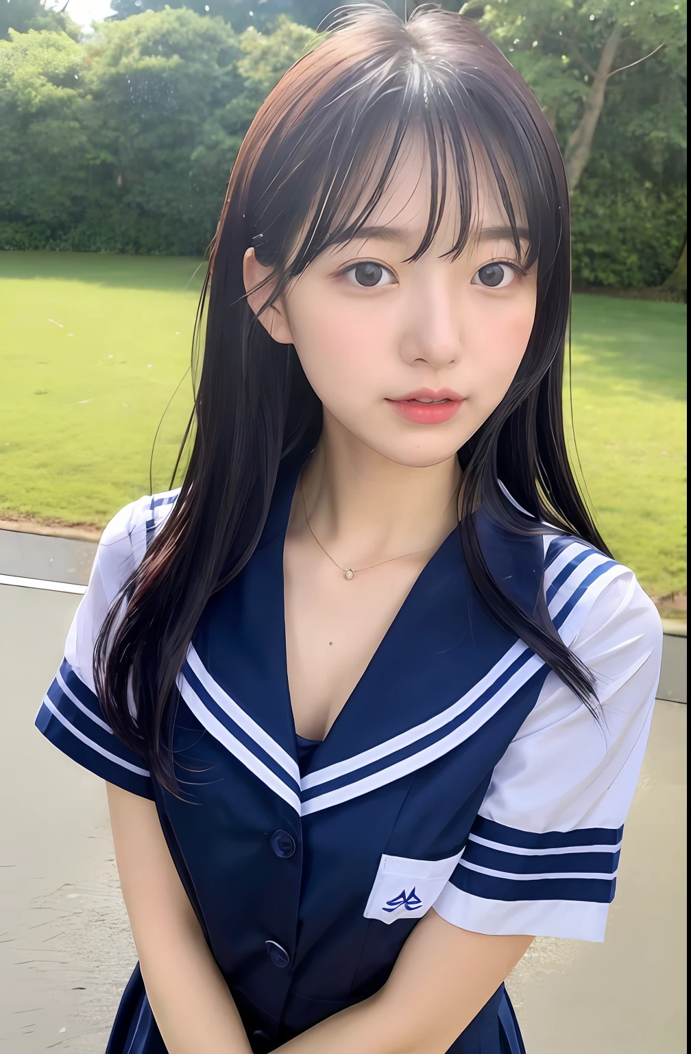 Close up portrait of woman walking in park in sailor suit、Japan Person Model、Young Sensual Gravure Idol、Young cute gravure idol、Realistic Young Gravure Idol、Realistic sensual gravure idol、Young gravure idols、sophisticated gravure idol、奈良美智、Young skinny gravure idol、beautifull asian girl ever、oppai、I got soaked in the rain