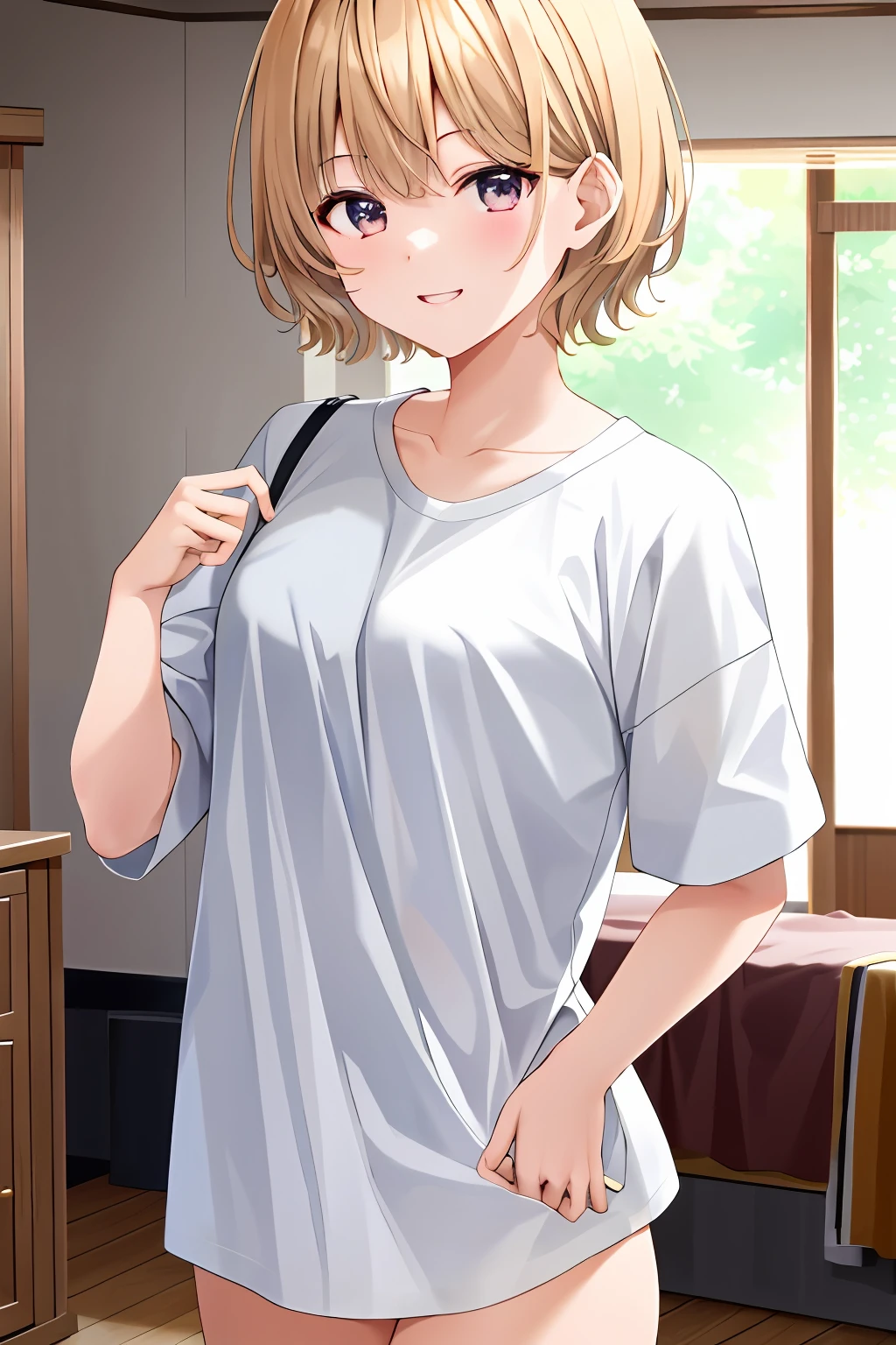 独奏,1girl,short detailed hair,blond hairbl,whiteeyes,bottomless,standing on your feet,Behind your arms,ssmile,looking at viewert,The upper part of the body,cowboy lens,Bedrooms,casa,inside in room,nakeness