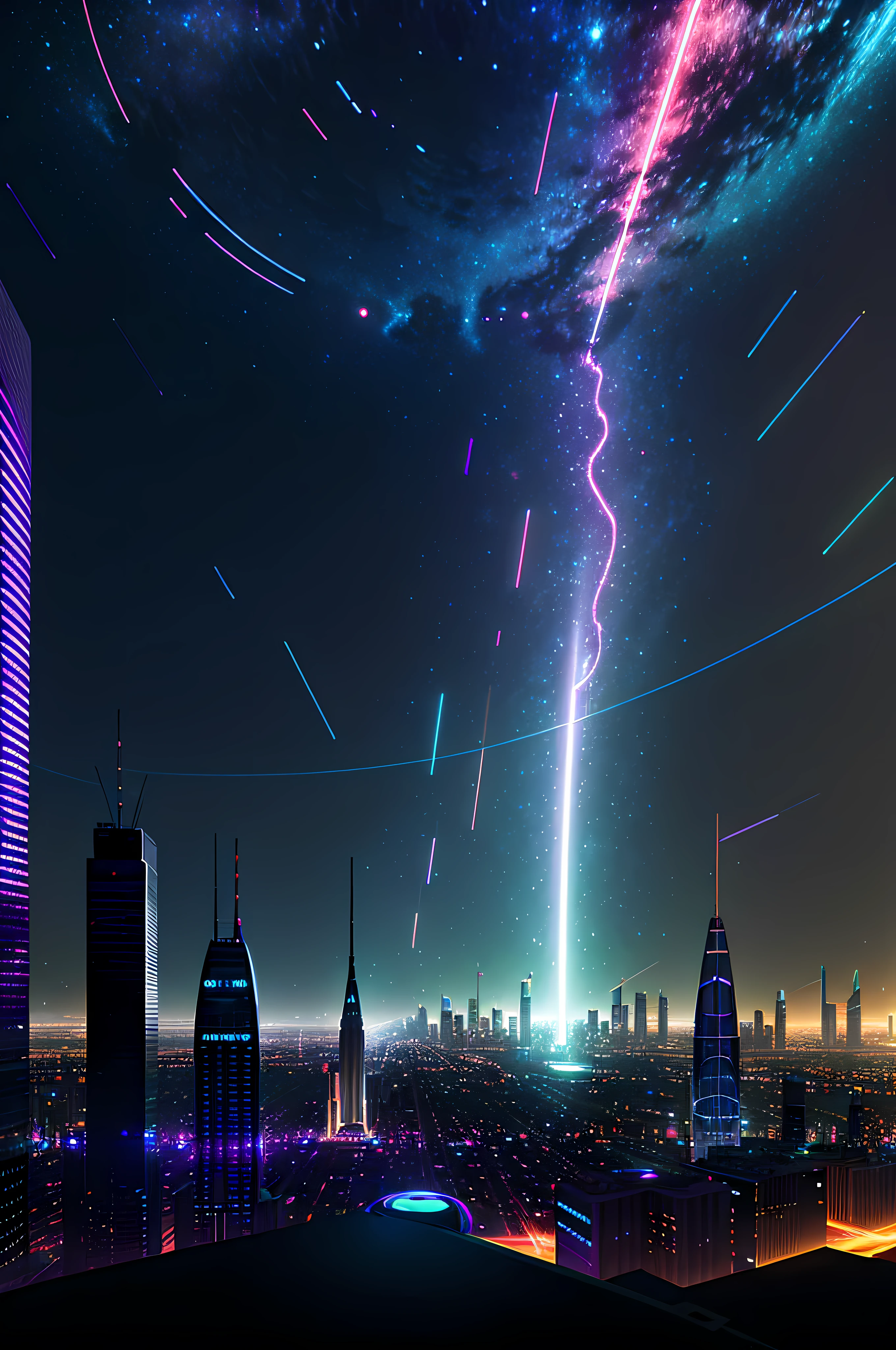 Alafaid view of the city with tall buildings and long star trails, inspired by Mike "beeple" Winkelmann, artgem and beeple masterpiece, scifi nightscape, inspired by Beeple, arstation and beeple highly, 3 d render beeple, artem demura beeple, cinematic beeple