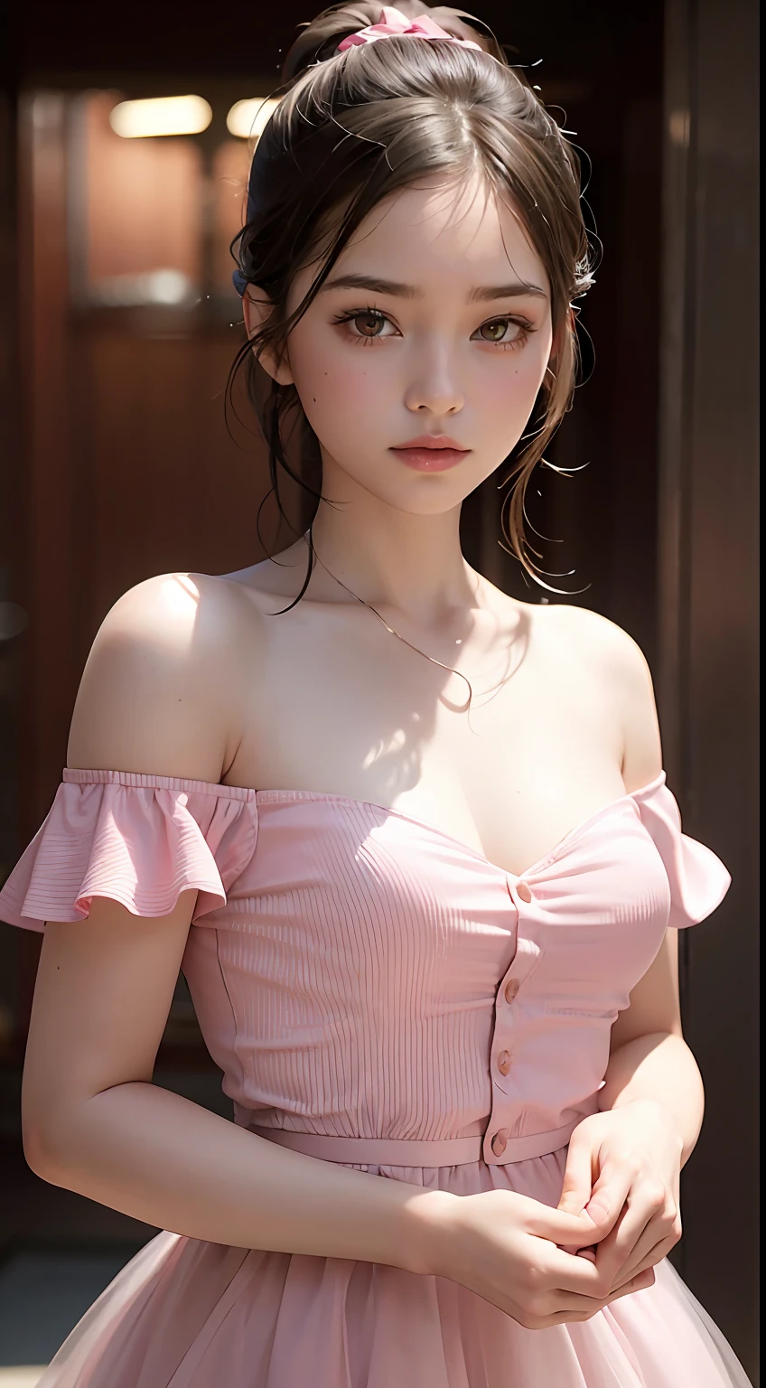 Best Quality, Masterpiece, Ultra High Resolution, (Realisticity: 1.4), Original Photo, 1girl, Pink Off-the-Shoulder, Cinematic Lighting