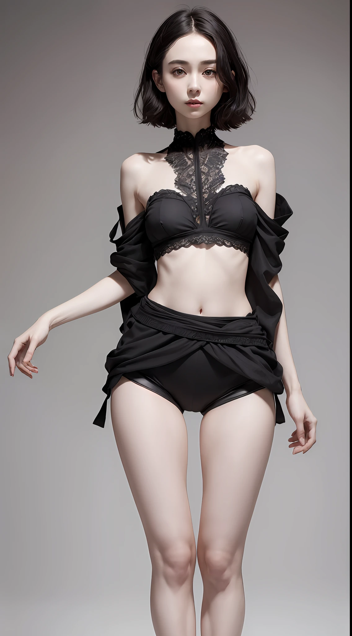 raw photo, dynamic pose, 1girl, pale skin, short wavy hair, delicate face, intricate details, black ancient style clothes, ancient shorts, (small waist, (wide thigh gap):1.2), ((wide legs):1.2), white background, masterpiece
