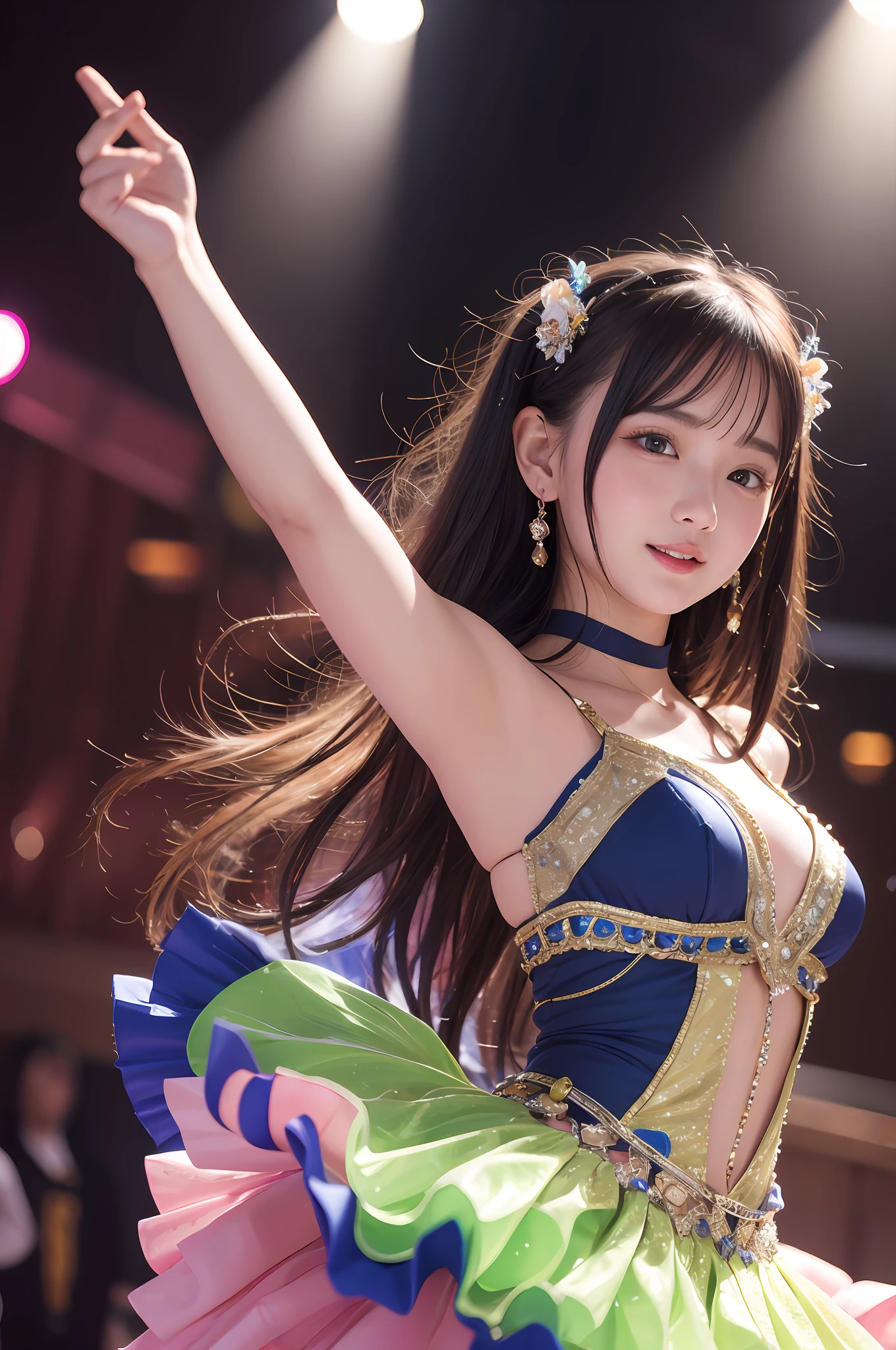 (8K、Raw photography、Photorealsitic:1.25)、1little girl、(16 year old woman with beautiful perfect face、Expressing the joy of dancing with color)、Pose with legs raised high、Line Dance、lipgloss、long lashes、Beautiful expression、shiny bare skin、top-quality、超A high resolution、Stage costumes with many jewels shining、Bask in the lights on the stage、a miniskirt、Photograph the whole body、Reduce depth of field
