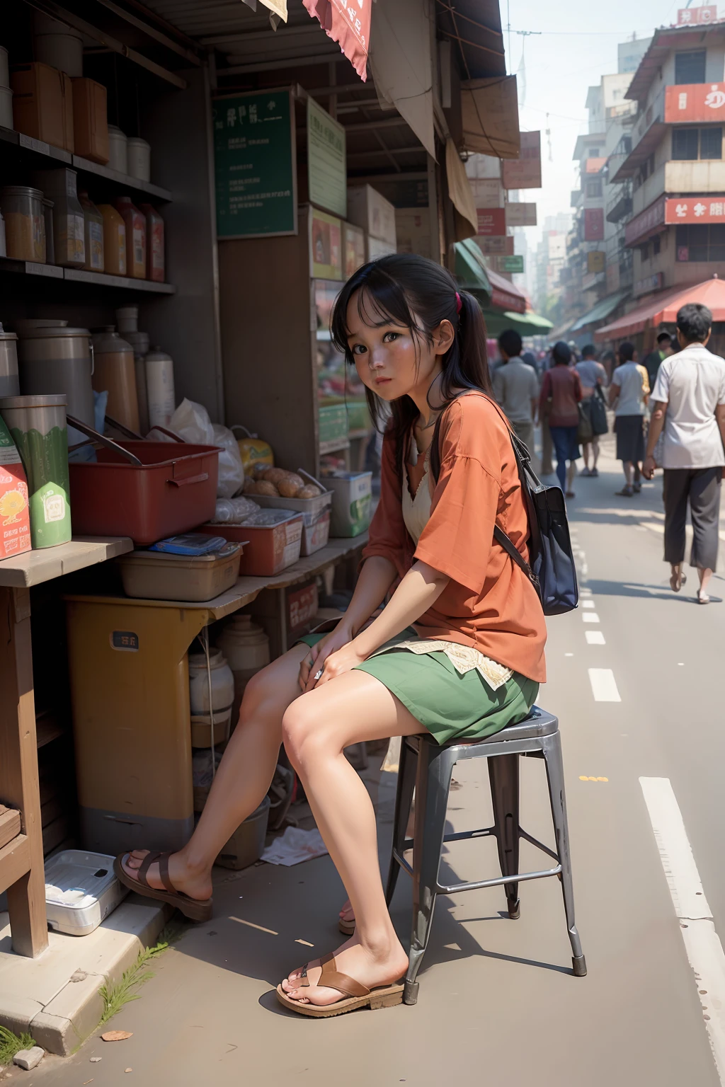 mid day,I sat on a stool from a roadside stall,Looking at a lot of pedestrians,vehicles