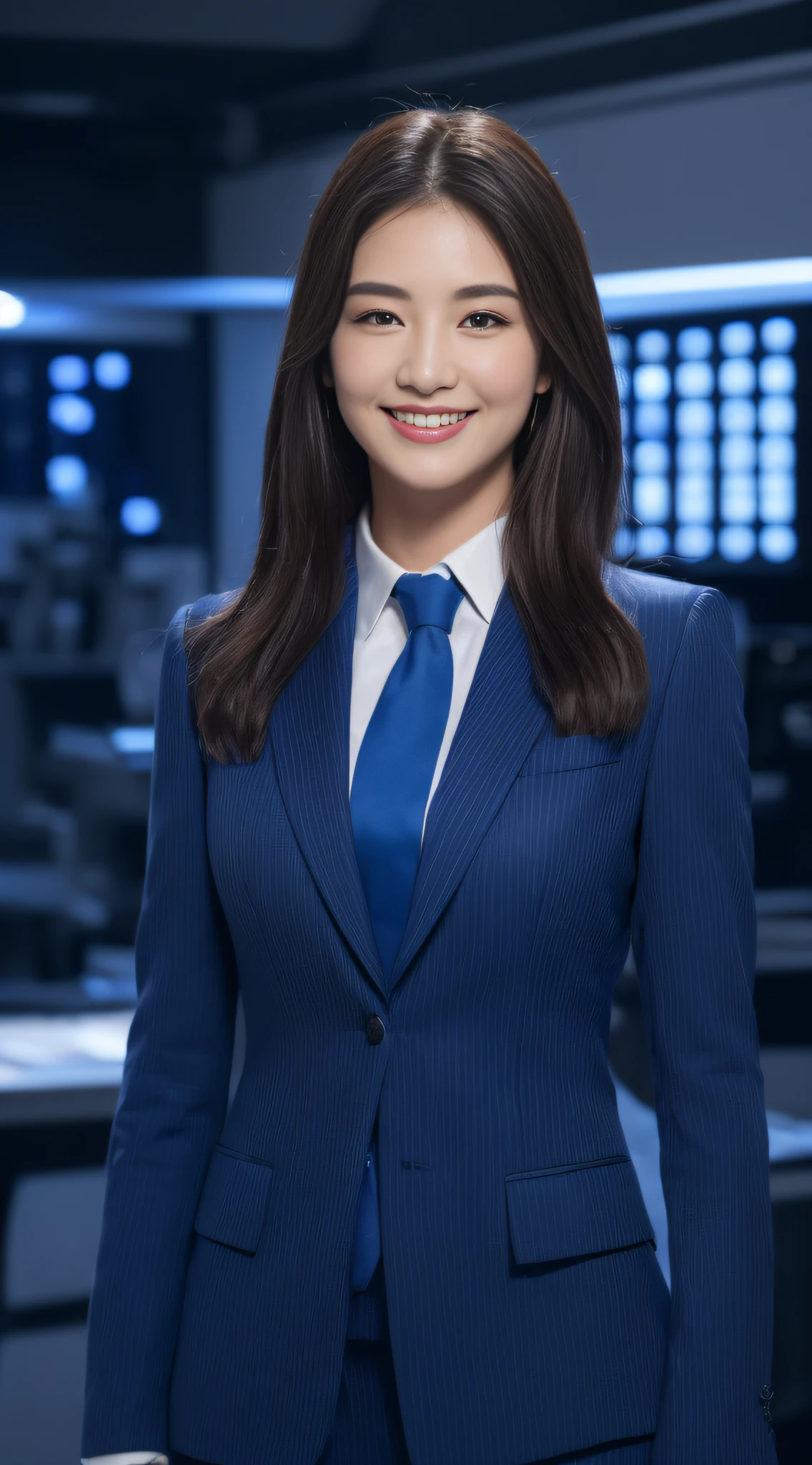 ((top-quality、8K、masterpiece:1.3))、sharp:1.2、Perfect Body Beauty:1.4、Slim abs:1.2、Big、Beautiful face、A smile、((Business suits:1.3))、(Blue lighting、server room:1.2)、Straight hair、Highly detailed facial and skin texture、A detailed eye、Aspect of looking at the camera、portlate