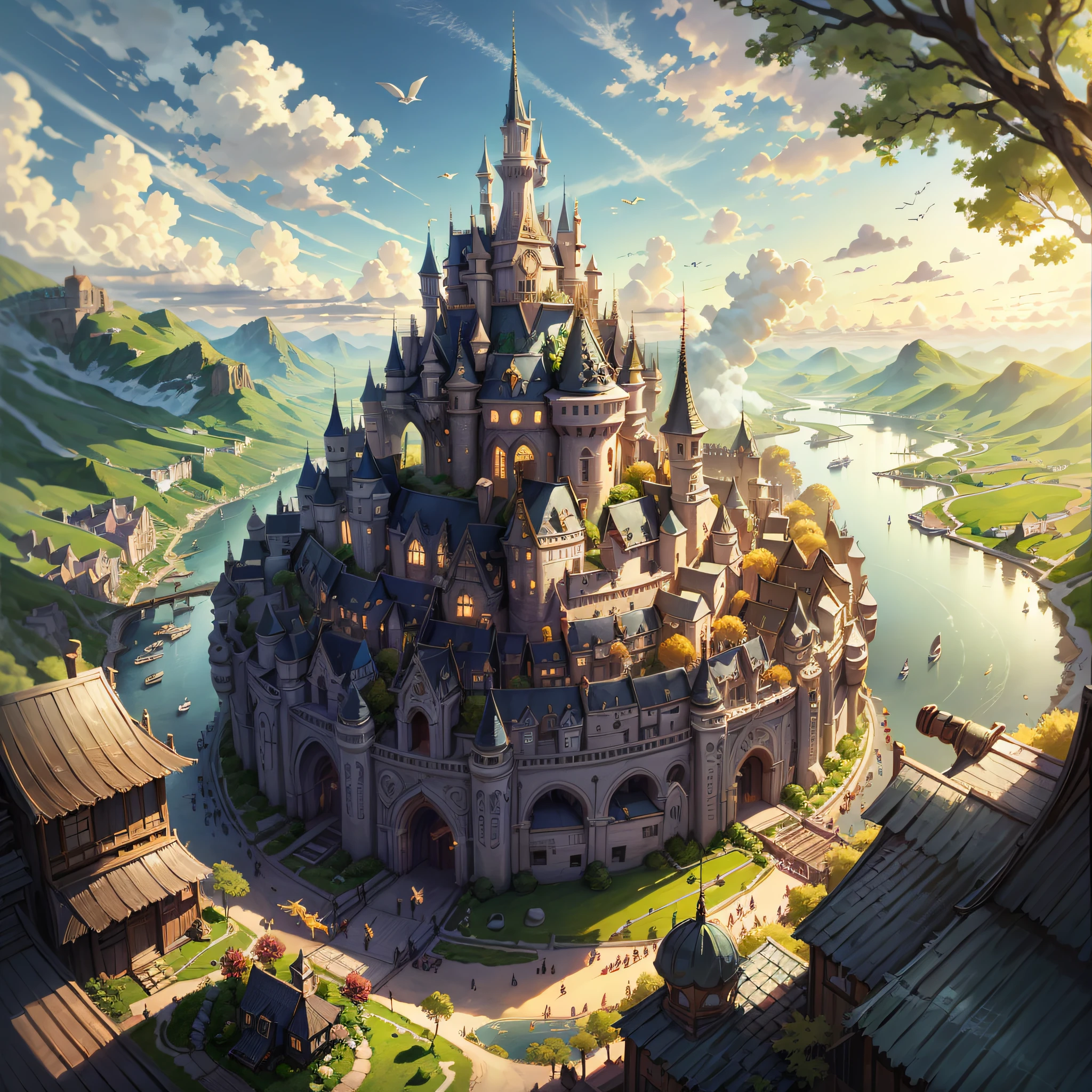 Fairytale kingdom、sunny morning、Very high drawing skills、Bird's-eye view、Very nice view、Amazing light effects、Fantasia、Very large area。