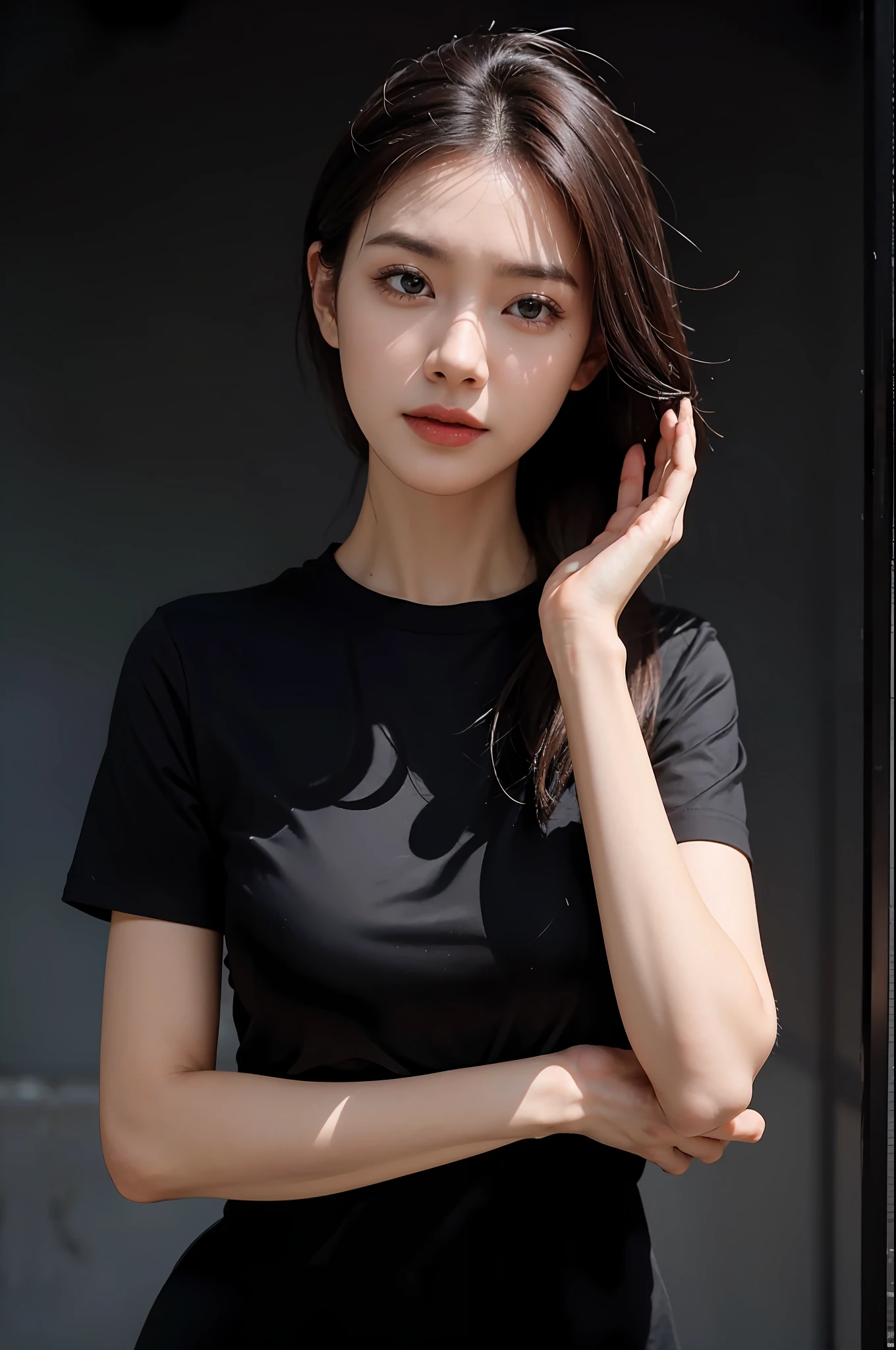 1female,The upper part of the body,Clean face,Black short sleeves,Master masterpieces,f/2.8 apertures,85MM FIXED,4K,4800 pixels,Whitening skin