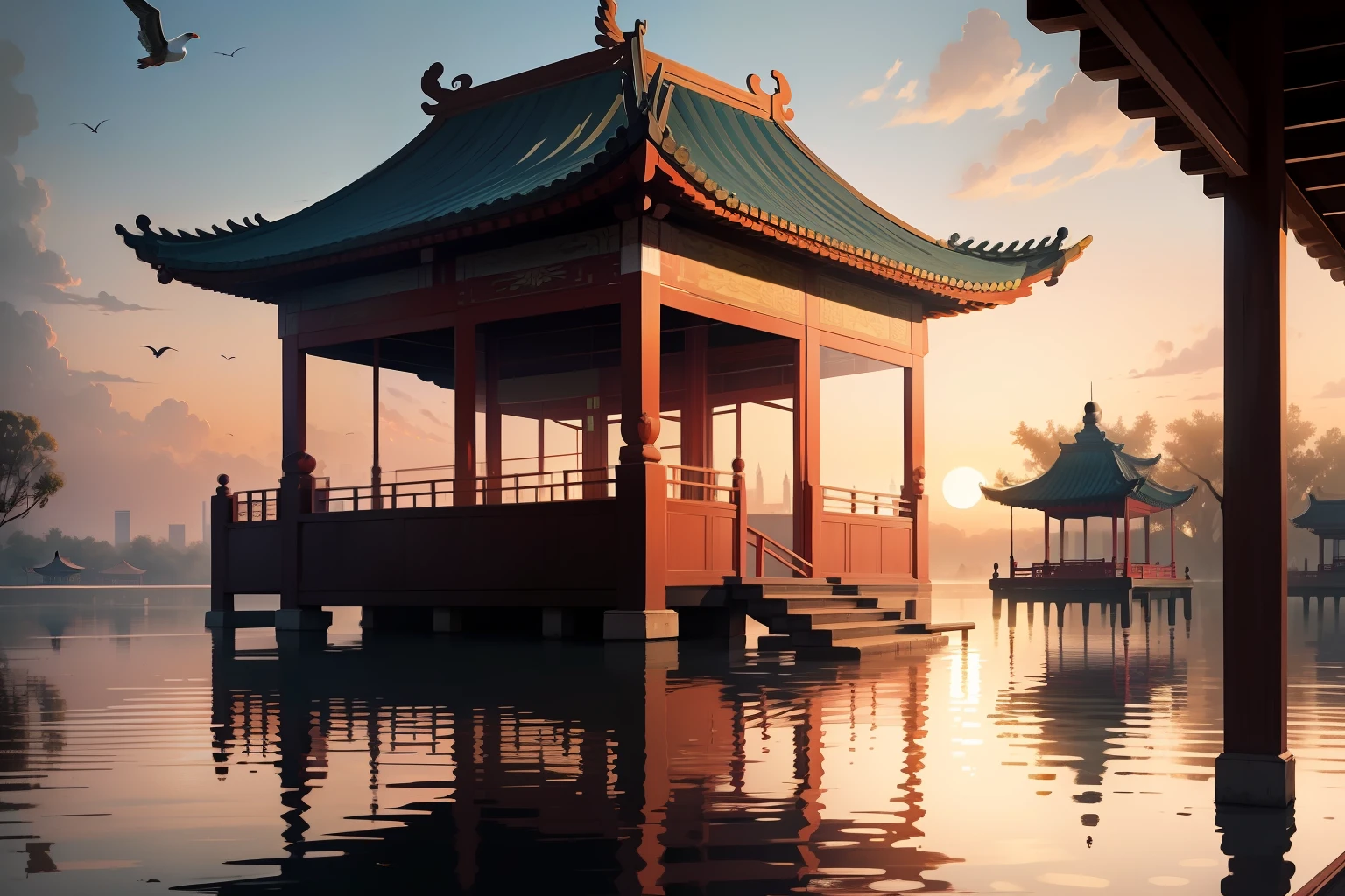tmasterpiece,illustration,The sunset is shining,Several wild geese flew in the air,There is an old Chinese pavilion building by the water,The water is calm;