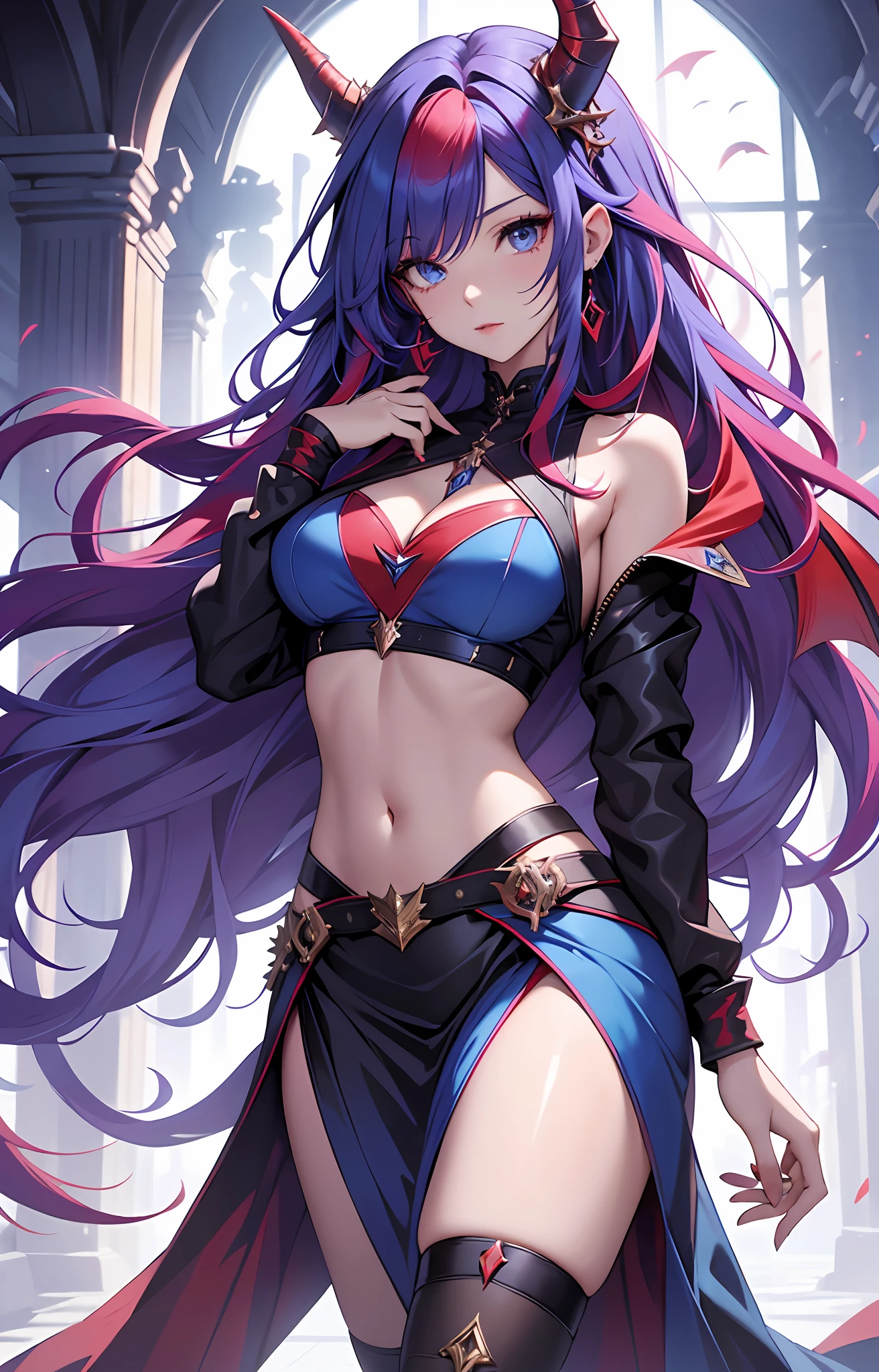 best qualityer,tmasterpiece,Ultimate resolution,downy,Extremely colorful,Colorful,Dragon beauty,Mature face shape,Long red and blue hair,blue color eyes,(Long red and blue hair),Redlip,Long messy hair,A pair of dragon horns,A pair of dragon wings,a matural female,Crop topping,Superskirt,The kinky is exposed,Sanctuary,Skysky,Normal posture
