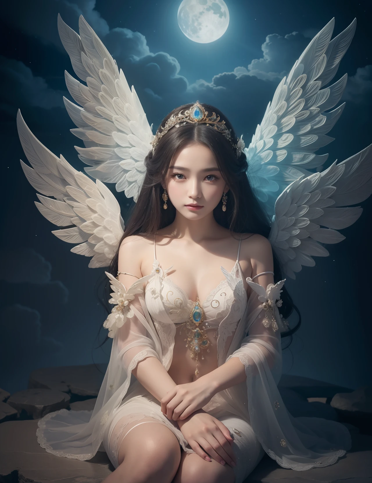 (8k, RAW photo, photorealistic: 1.5, ultra high resolution, highest quality, absurdity, high resolution, depth of field:1.5, masterpiece),
BREAK
An angel with beautiful and delicate ornaments on her wings sits in a stone palace built on a sea of clouds. She has a beautiful face and shining eyes of vivid colors. He wears intricate and delicate ornaments. Mysterious heavenly palace illuminated by moonlight. Detailed drawings. Vivid colors.