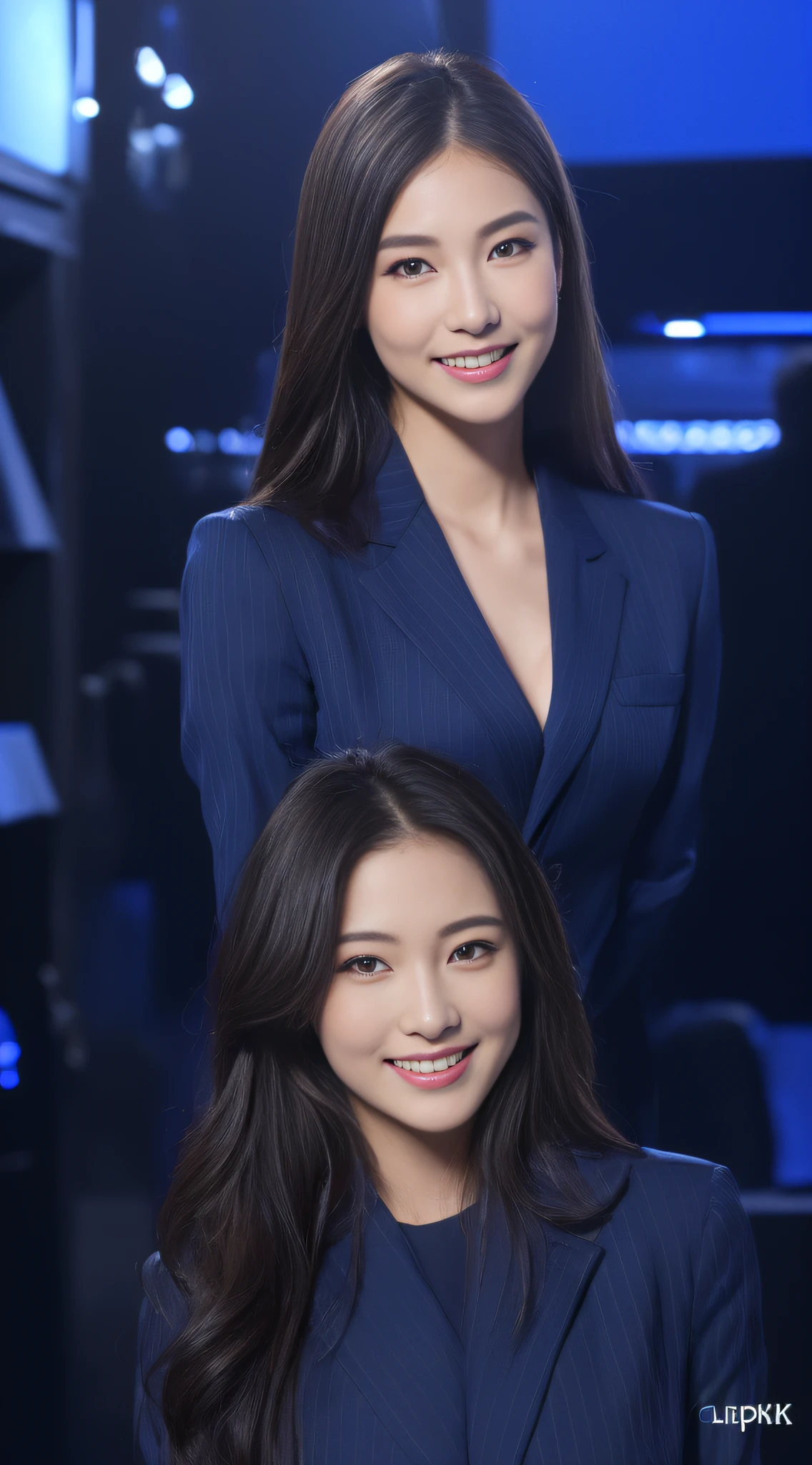 ((top-quality、8K、​masterpiece:1.3))、sharp:1.2、Perfect Body Beauty:1.4、Slim abs:1.2、Big、Beautiful face、A smile、((Business suits:1.3))、(Blue lighting、server room:1.2)、Straight hair、Highly detailed facial and skin texture、A detailed eye、Aspect of looking at the camera、portlate