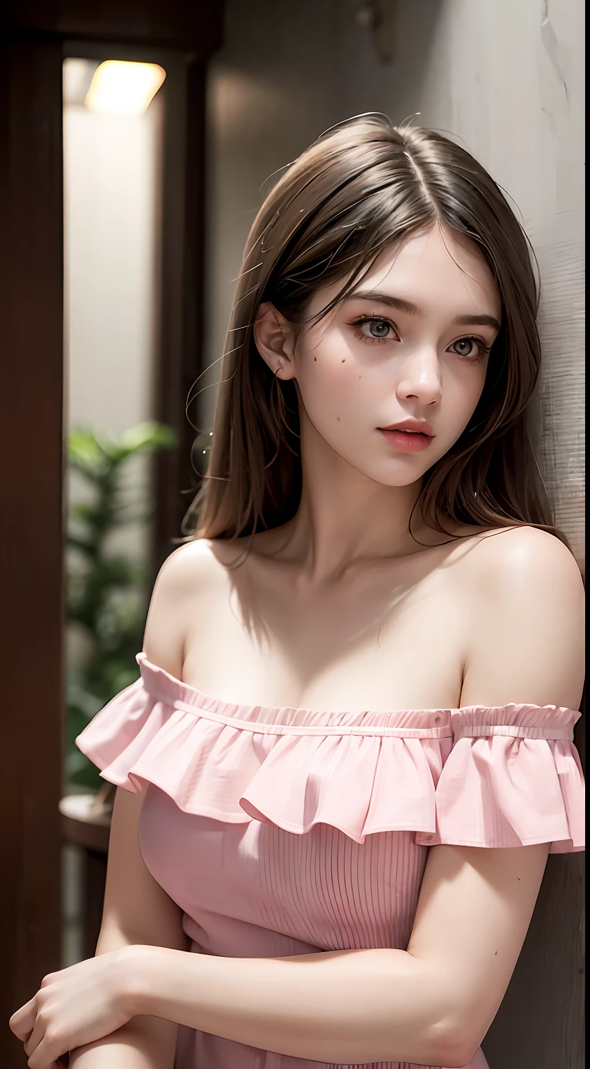 Best Quality, Masterpiece, Ultra High Resolution, (Realisticity: 1.4), Original Photo, 1girl, Pink Off-the-Shoulder, Cinematic Lighting