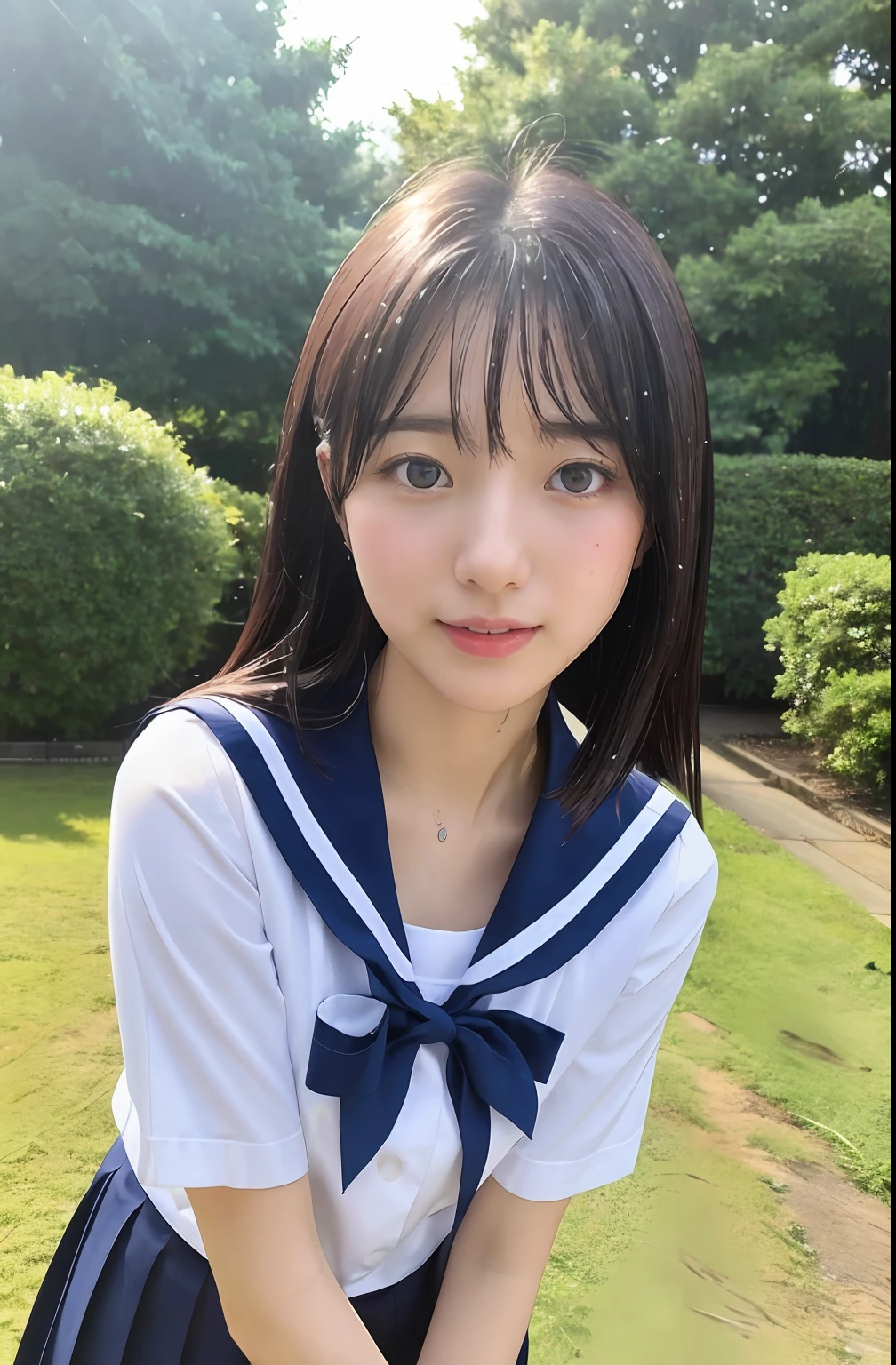 Close up portrait of woman walking in park in sailor suit、Japan Person Model、Young Sensual Gravure Idol、Young cute gravure idol、Realistic Young Gravure Idol、Realistic sensual gravure idol、Young gravure idols、sophisticated gravure idol、奈良美智、Young skinny gravure idol、beautifull asian girl ever、oppai、I got wet in the rain、The whole body is soaking wet、