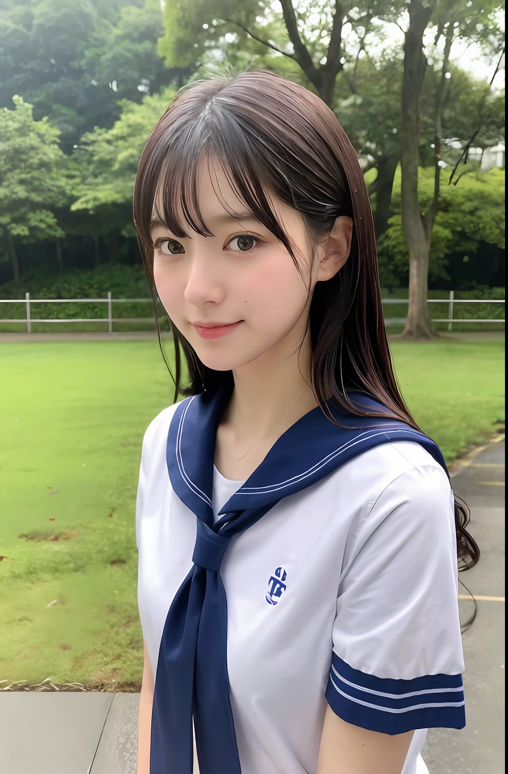 Close up portrait of woman walking in park in sailor suit、Japan Person Model、Young Sensual Gravure Idol、Young cute gravure idol、Realistic Young Gravure Idol、Realistic sensual gravure idol、Young gravure idols、sophisticated gravure idol、奈良美智、Young skinny gravure idol、beautifull asian girl ever、oppai、I got wet in the rain、The whole body is soaking wet、