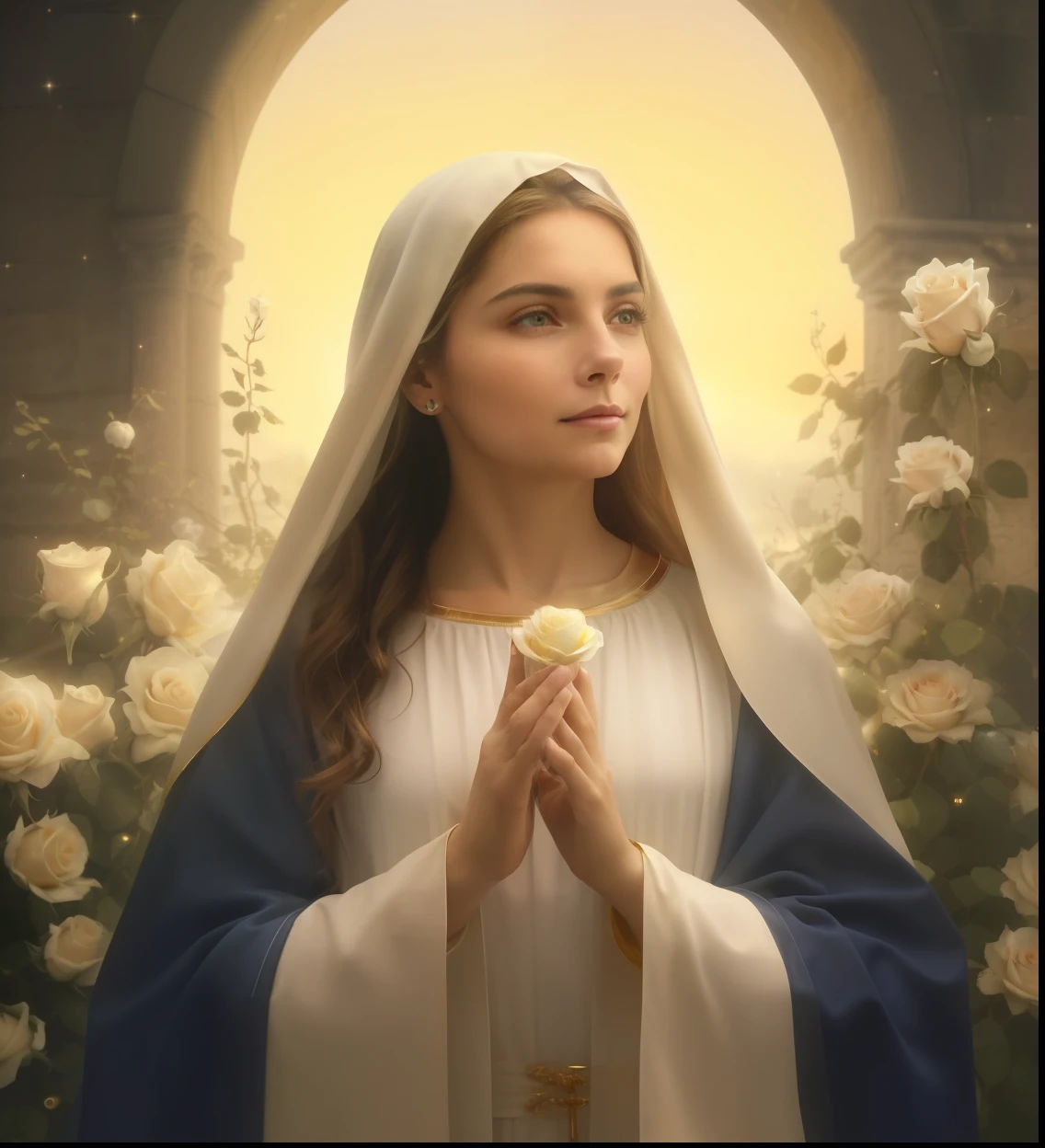 (((Holy VIRGIN MARY MYSTICAL ROSE. 19 years old))) ((( Con una cara seria y piadosa. Con una mirada dulce y tierna))) (obra maestra, calidad superior, mejor calidad, arte oficial, beautiful and aesthetic: 1.2), (1girl), extremadamente detallado, (Arte fractal: 1.3), colorido, highest detailed, Cara perfecta, parte superior del cuerpo, HDR, (orando: 1.3), (golden lines of white coat: 1.2), galaxia, (rayas de luz), eye-catching visuals, (dynamic stripes, senderos luminosos: 1.2), colores vibrantes,