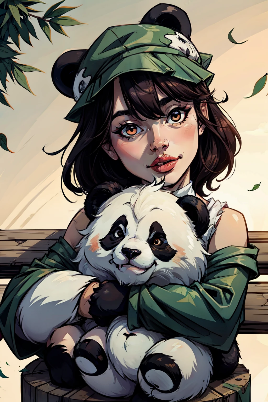 cute panda，leafs