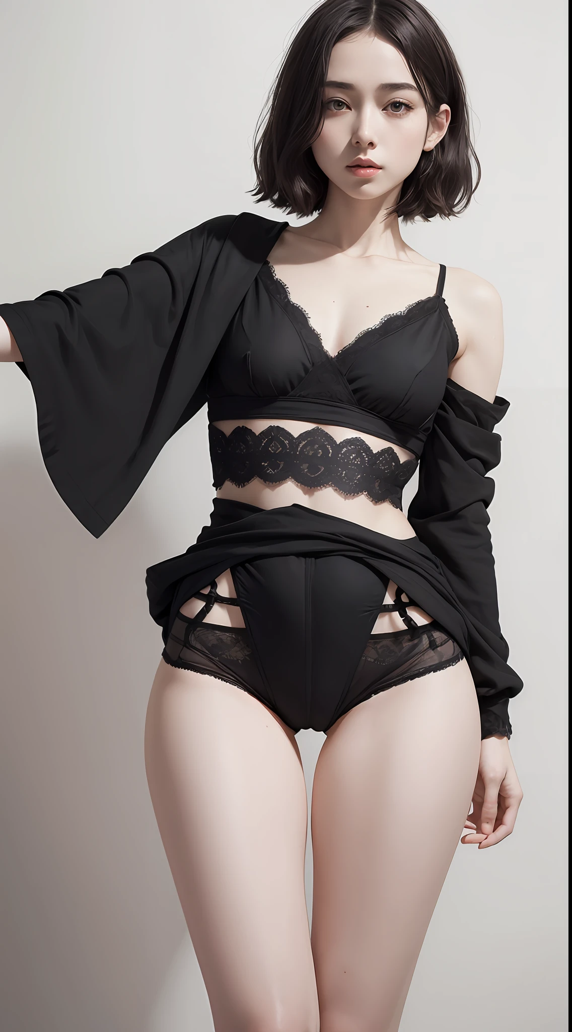 raw photo, dynamic pose, bottom pov, 1girl, pale skin, short wavy hair, delicate face, intricate details, black ancient style clothes, ancient shorts, (small waist, (wide thigh gap):1.2), ((wide legs):1.2), white background, masterpiece