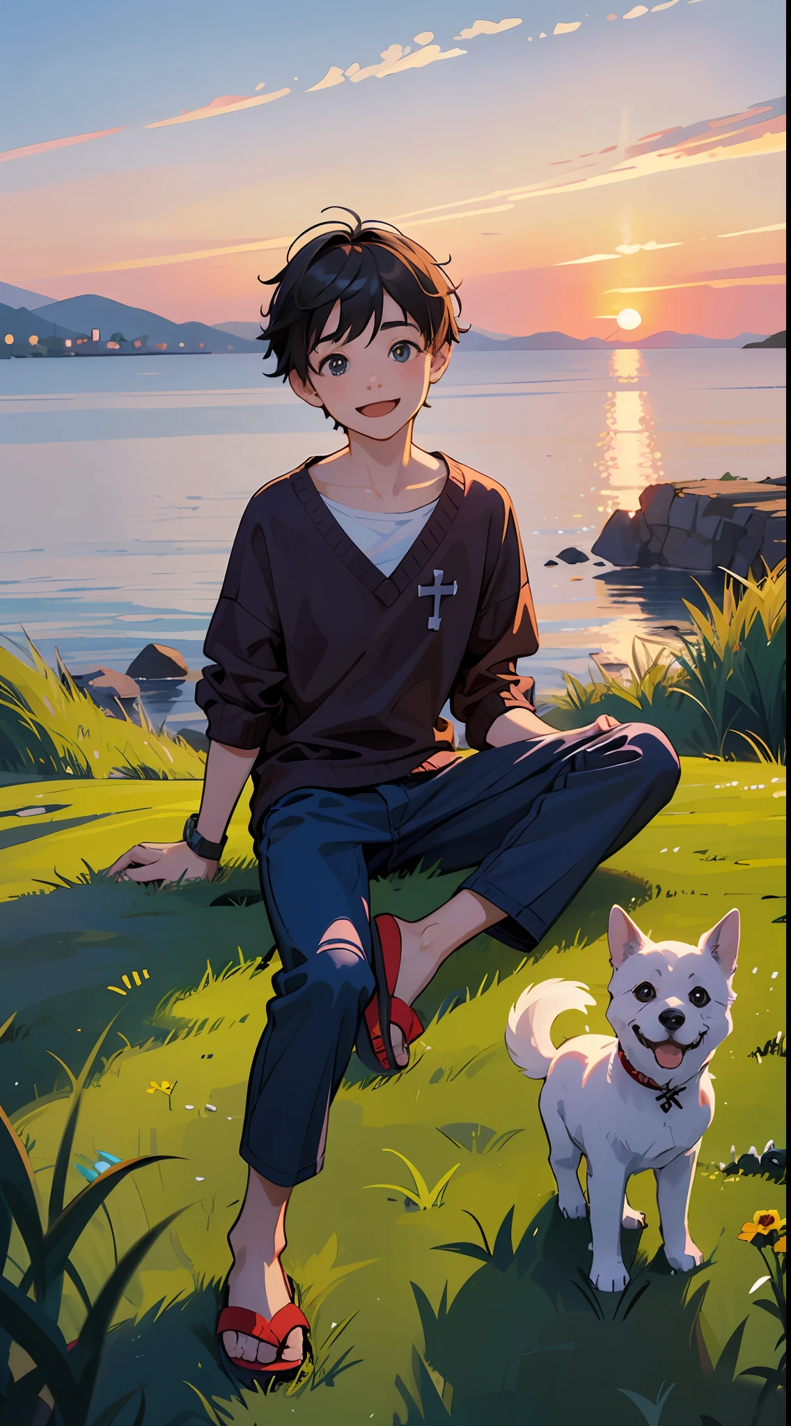 A happy little boy，Dressed in casual attire，Wear slippers，Sit on grass，The background is the cross-sea bridge，There is a cute little dog next to it，Sunset and sunset，Face the camera，Full body photo，Ultra-high definition