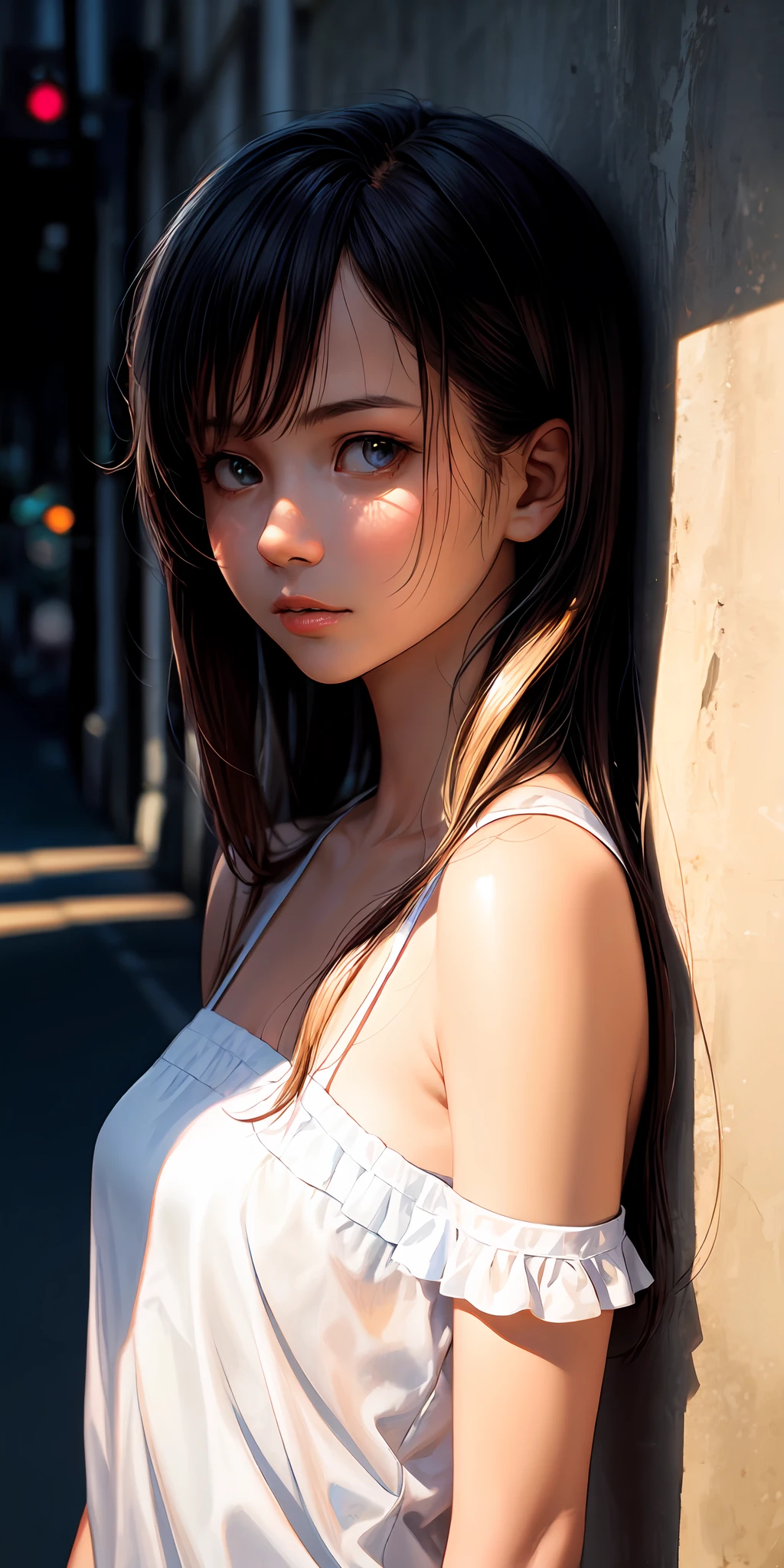 1girll, Portrait, Light mucus, Realistic, Bare shoulders, side-lighting, the wallpaper,photorealestic,Realistic light and shadows,On the street