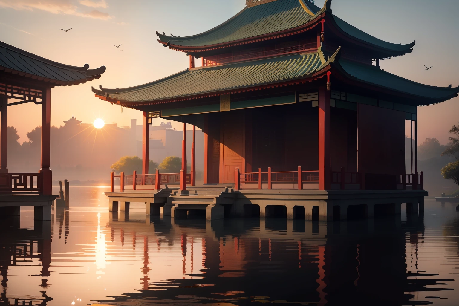 tmasterpiece，illustration，The sunset is shining，Several wild geese flew in the air，There is an old Chinese pavilion building by the water，The water is calm；