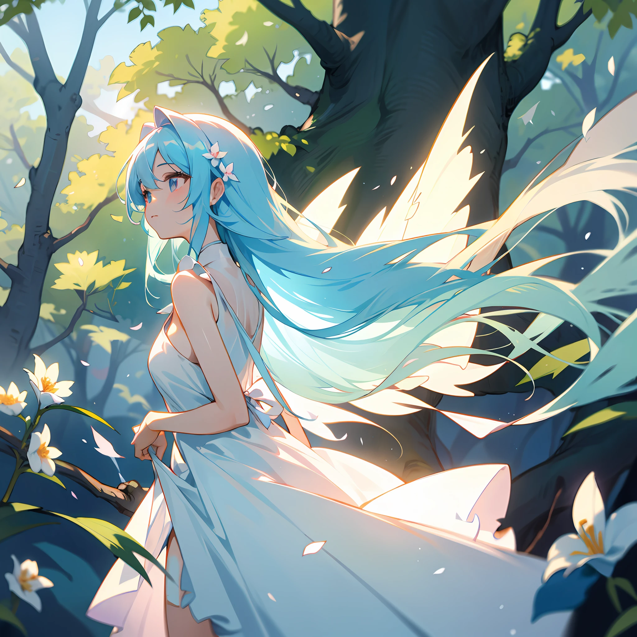 "Anime girl in the forest,blue hairs、white dresses,anime art wallpaper 8 k,Popular in the anime style of ArtStation and Pixiv,Beautiful digital artwork,From Artgerm and Atey Ghailan,beautiful fantasy anime,Digital anime art。"