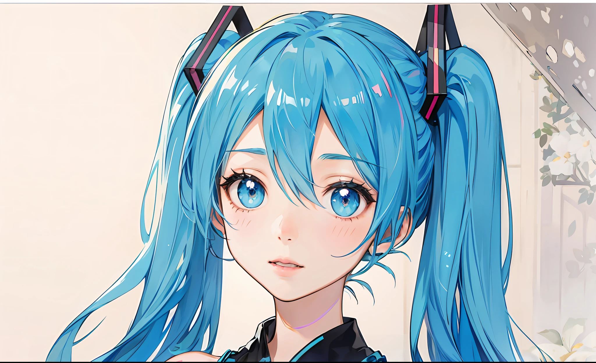 Blue hair，，Big breasts Hatsune Miku，head portrait，anime big breast，quadratic element