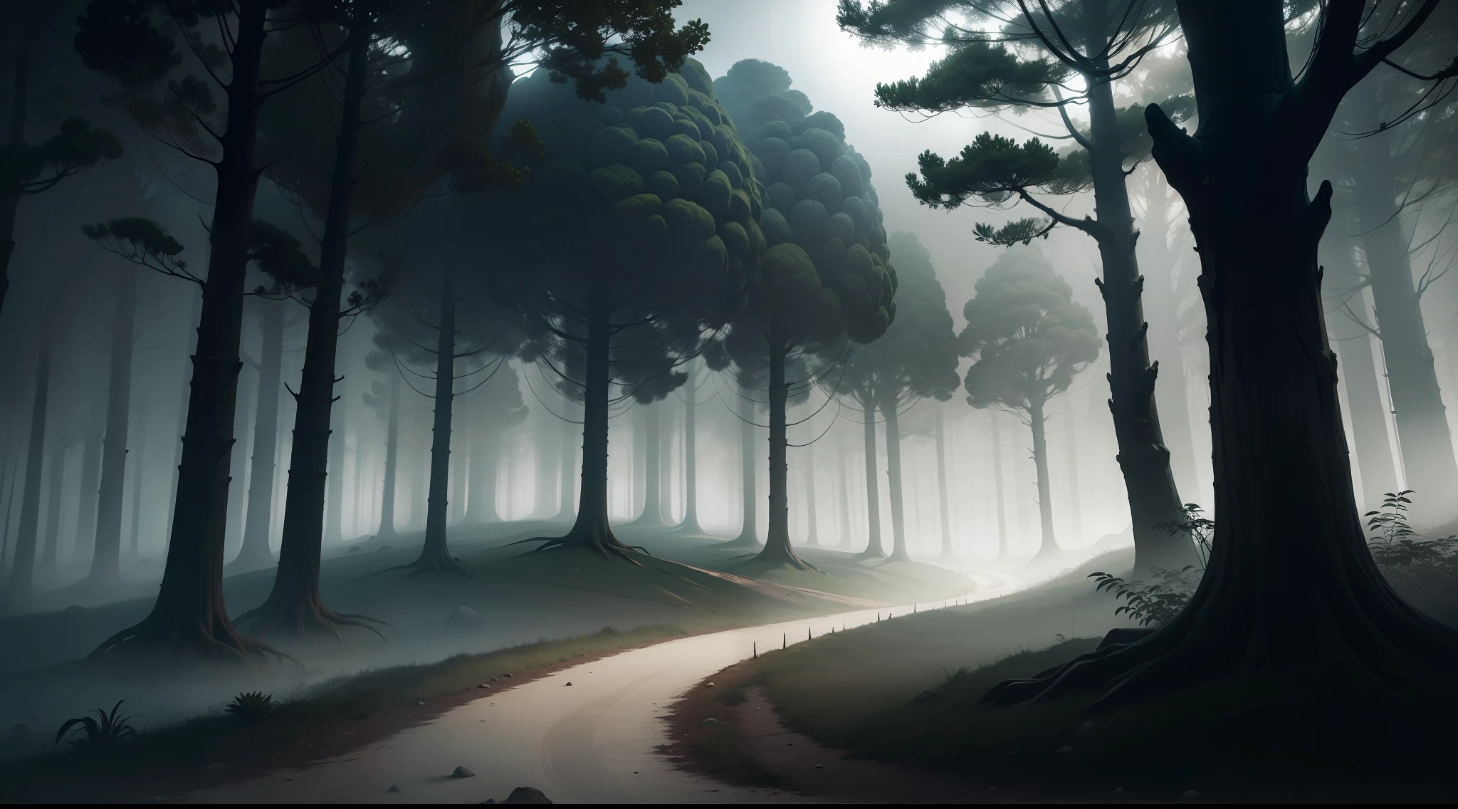 caminho sinuoso de pedras, dark and enigmatic forest, silhueta misteriosa, neblina densa, terror assustador, Deep darkness, casa antiga e assombrada, noite tenebrosa, atmosfera sinistra.