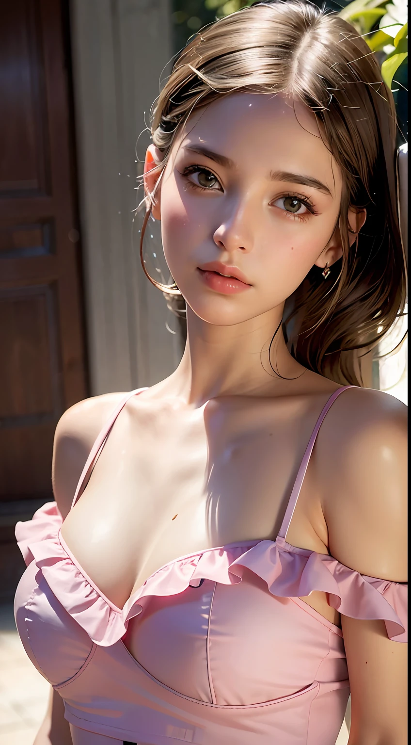 Best Quality, Masterpiece, Ultra High Resolution, (Realisticity: 1.4), Original Photo, 1girl, Pink Off-the-Shoulder, Cinematic Lighting