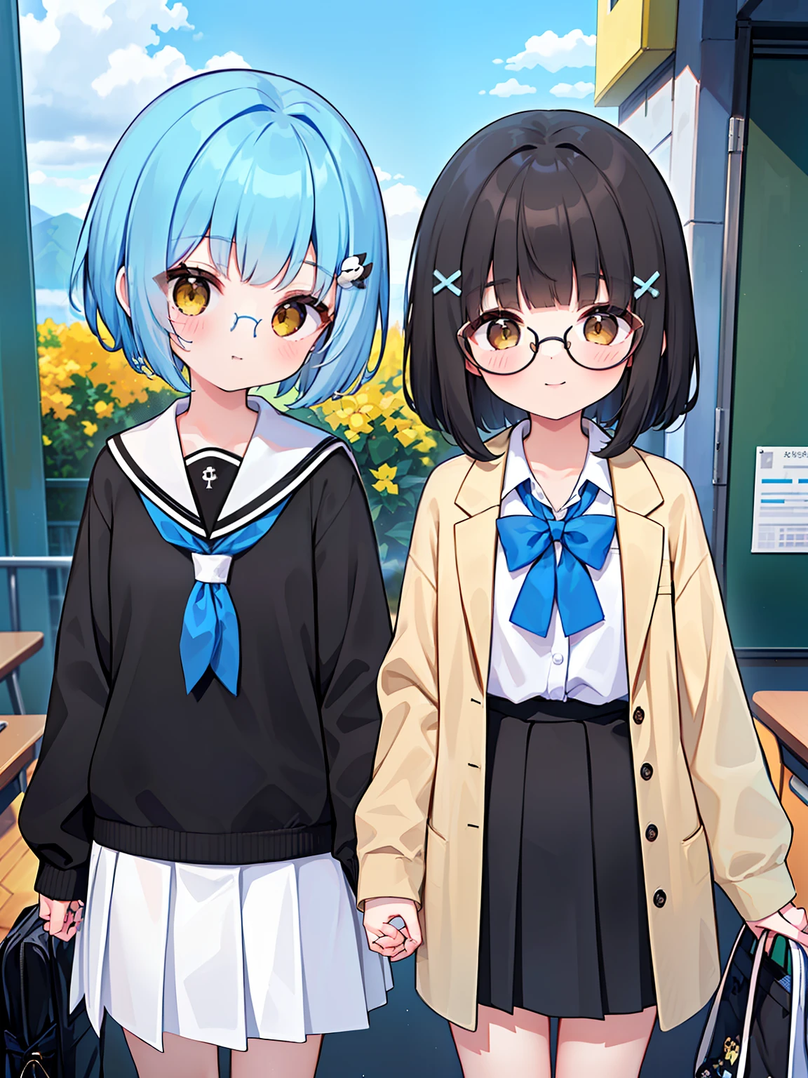 (​masterpiece、top-quality、２People Girls、a junior high school student、short-hair、straight haired、hair adornments、wearing black glasses、cute  face)、‎Classroom、And、(​masterpiece、top-quality、２People Girls、a junior high school student、A dark-haired、short-hair、straight haired、Light brown eyes、hair adornments、wearing black glasses、cute  face)、student clothes、Holding hands、And、(​masterpiece、top-quality、２People Girls、a junior high school student、Sky blue hair color、short-hair、straight haired、Yellow eyes、hair adornments、wearing black glasses、cute  face)、student clothes、Holding hands