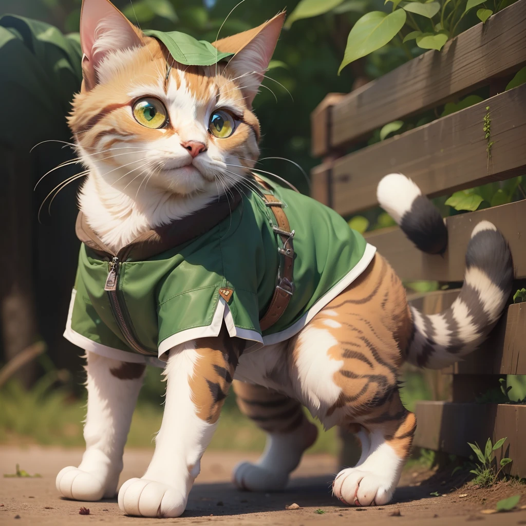 Gatituu,gato de olhos azuis vestindo capa verde com botas marrons e carregando uma adaga
