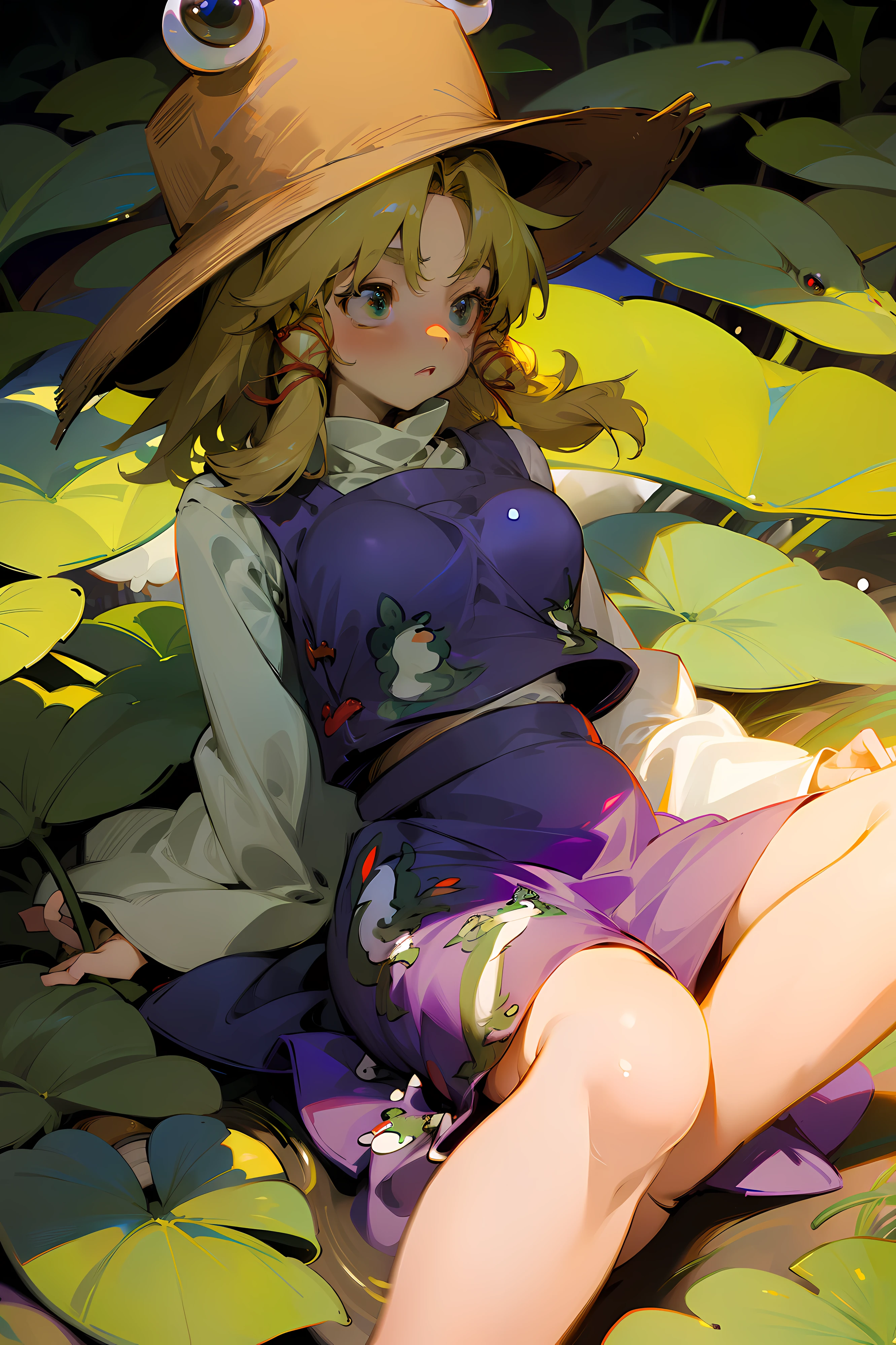 (masterpiece),best quality, expressive eyes, perfect face, 1girl,
big breast, H-cup, good breast, beautiful, gorgeous ,large breast, laying down, laying down facing ground ,moriya suwako,
frog print,
1girl, hat,blonde hair, white shirt,purple skirt