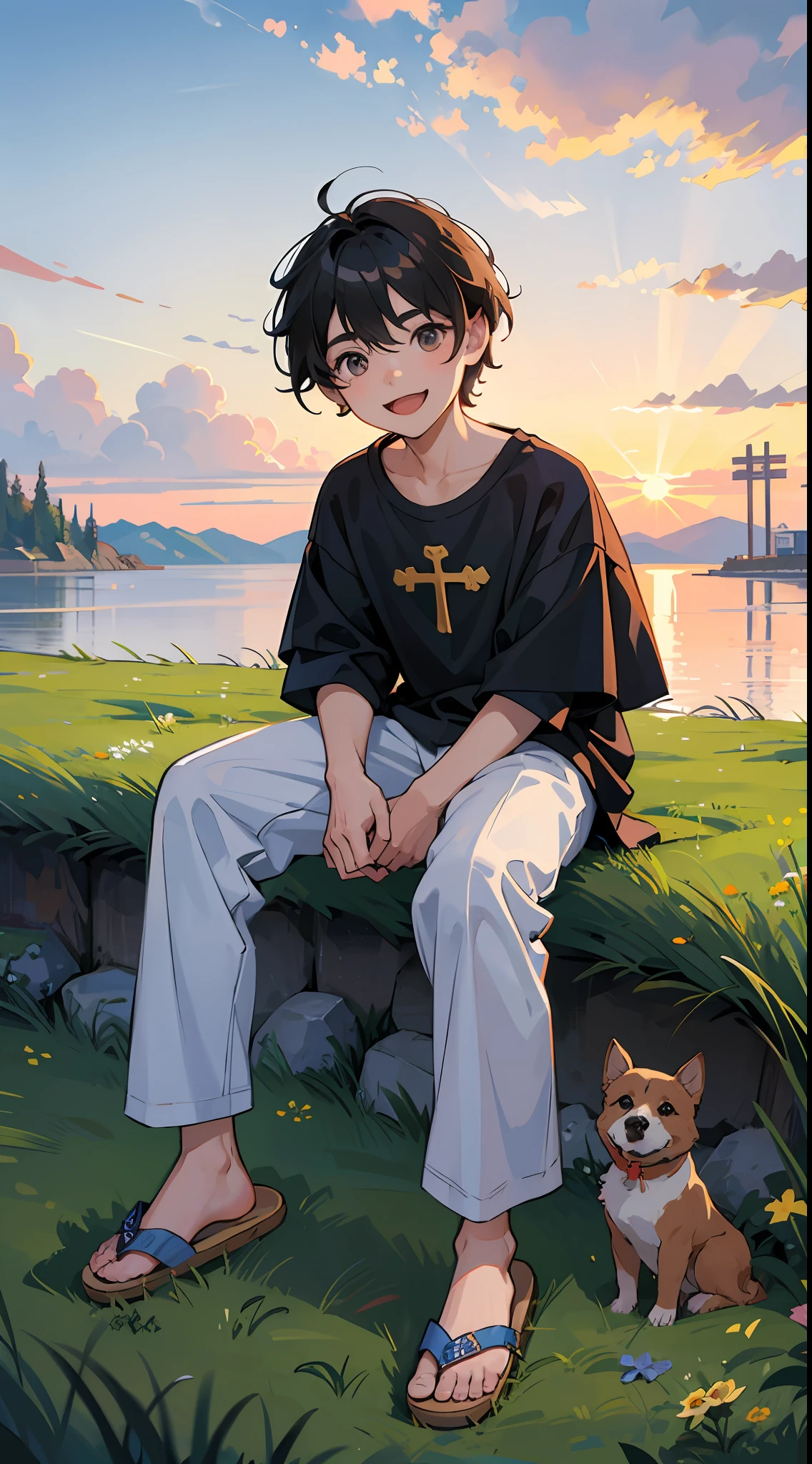 A happy little boy,Dressed in casual attire,Wear slippers,Sit on grass,The background is the cross-sea bridge,There is a cute little dog next to it,Sunset and sunset,Face the camera,Full body photo,Ultra-high definition