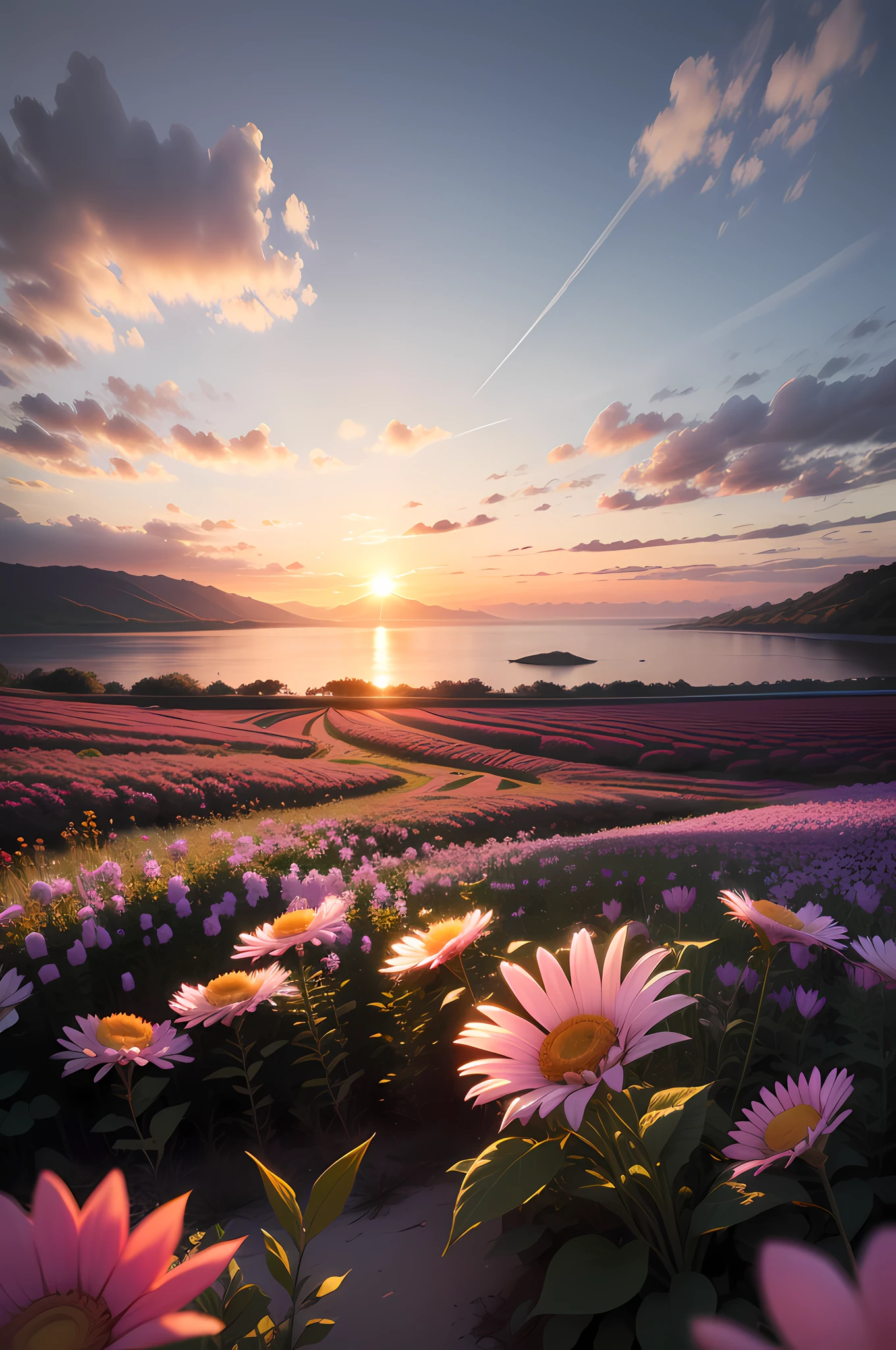 Sunset，In front of you is a sea of flowers，The setting sun shines obliquely on the sea of flowers