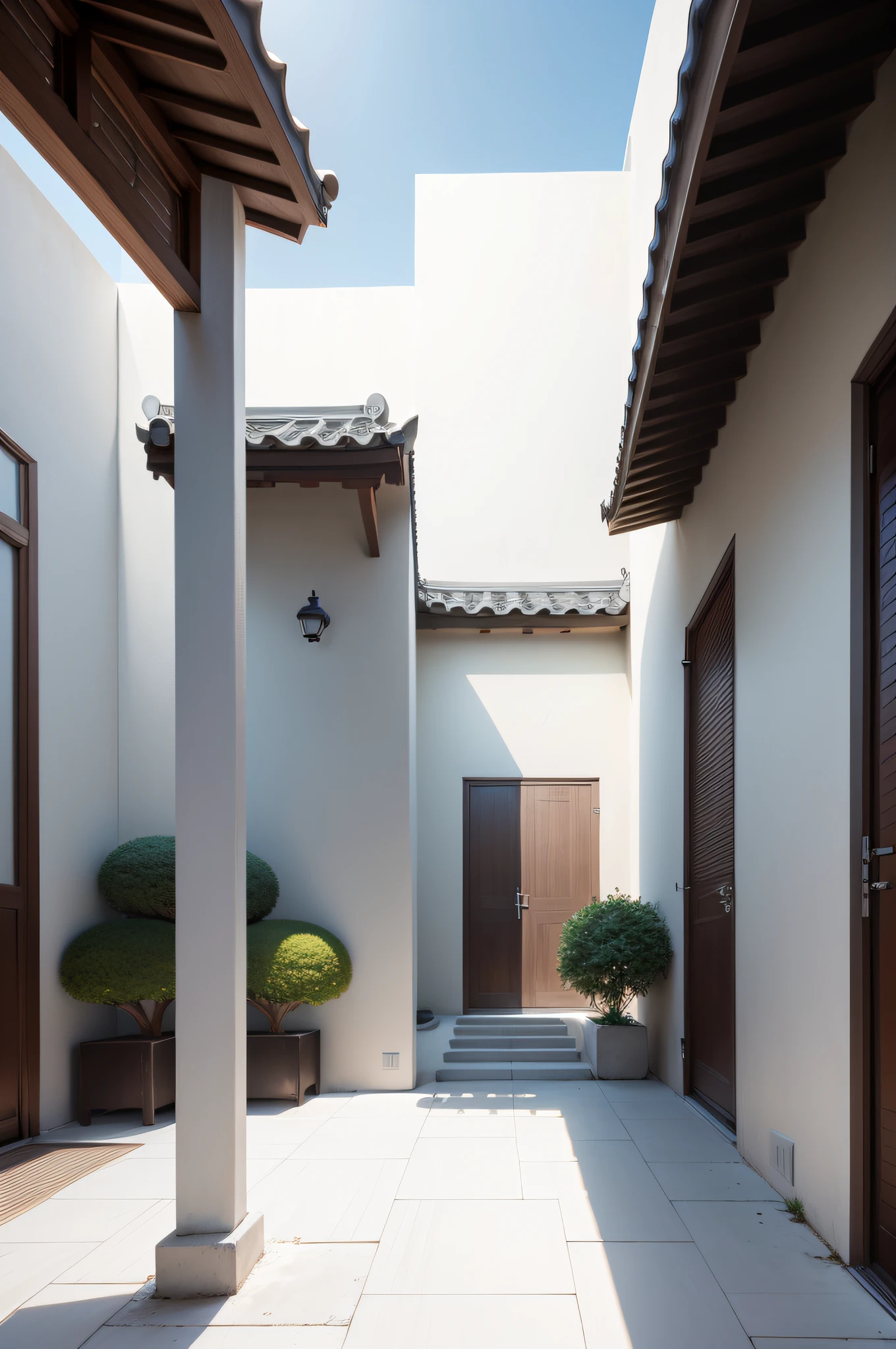Excellent image quality，Modern Chinese courtyard，White walls，Simple structure，(tmasterpiece，Best quality，4K分辨率)。