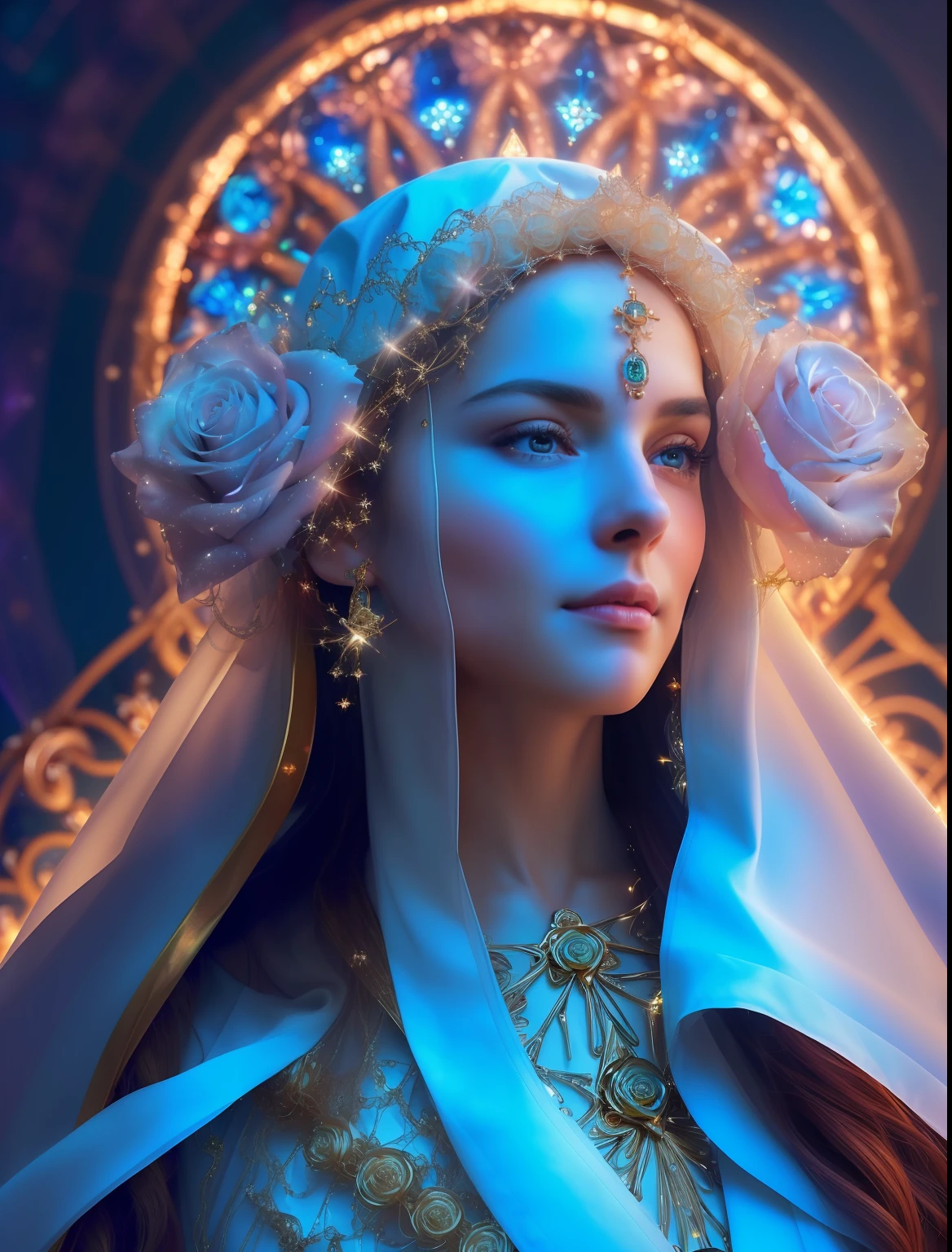 (((Holy VIRGIN MARY MYSTICAL ROSE. 19 years old))) ((( Con una cara seria y piadosa. Con una mirada dulce y tierna))) (obra maestra, calidad superior, mejor calidad, arte oficial, beautiful and aesthetic: 1.2), (1girl), extremadamente detallado, (Arte fractal: 1.3), colorido, highest detailed, Cara perfecta, parte superior del cuerpo, HDR, (orando: 1.3), (golden lines of white coat: 1.2), galaxia, (rayas de luz), eye-catching visuals, (dynamic stripes, senderos luminosos: 1.2), colores vibrantes,