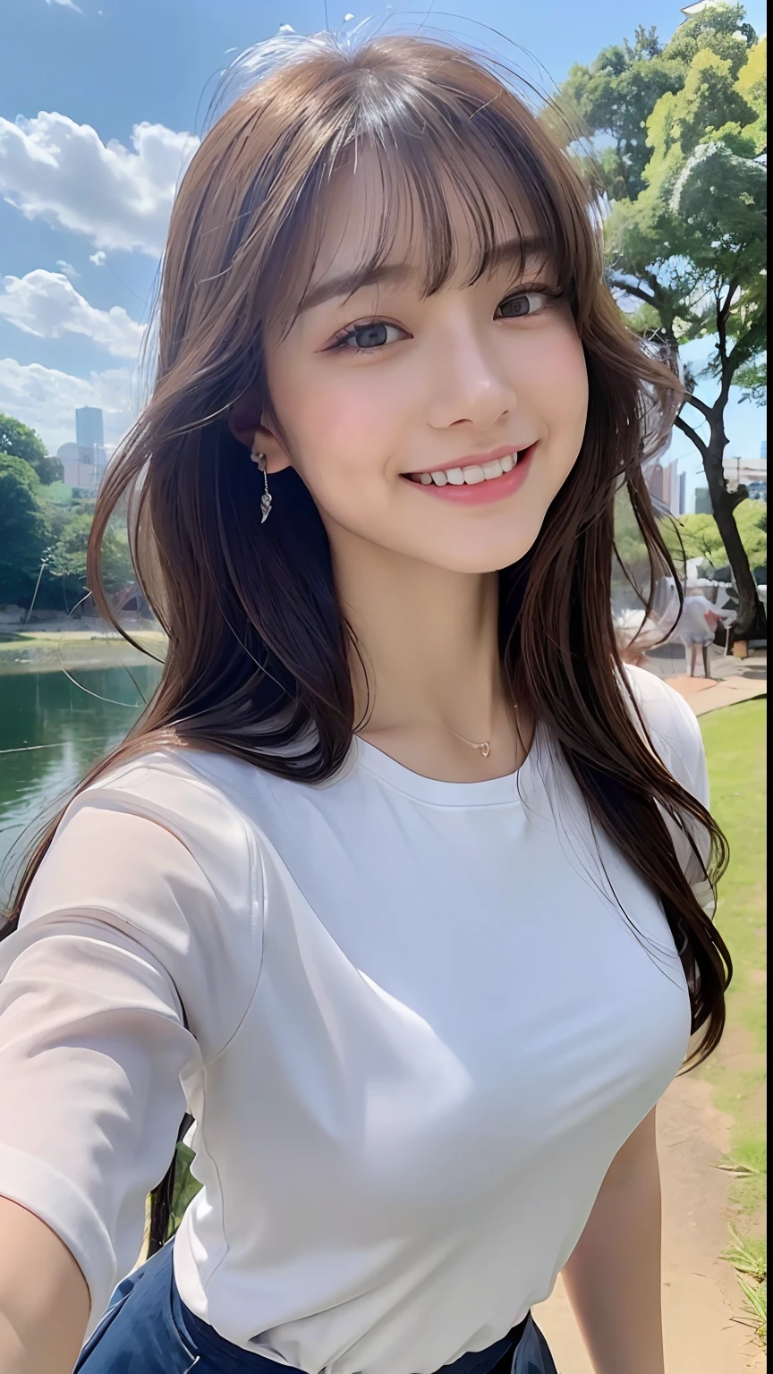 (8K、top-quality、​masterpiece、超A high resolution、High Definition Face:1.3)、portlate、(20 years girl:1.3)、bokeh dof、frontage、 Genius genius smile、ultra-detailliert、ultra res、(realisitic、rialistic photo:1.37)、high-definition RAW color photography、Professional Photography、highly detailed and beautiful、ighly detailed、8K Picture Wallpaper、amazing detailed、huge filesize、Official art、Highly detailed CG Unity 8K wallpapers、highly detailed beautiful girl、extra detailed face、extremely detailed eye、highlydetailed skin、extremely detailed fingers、highly detailed nose、very detailed detailed mouth、Perfect Anatomy、Highly detailed clothing、女の子 1 人、(18:1.2)、Teen、Cute  girl s、famous Japan idol、cute little、Realistic body、小柄、de pele branca、glistning skin、Slim body、Handsome body、brown haired、(Blunt bangs:1.2)、Classic wavy long hair、 (nffsw:1.3),A smile、kawaii、zora々Right、kawaii faces、Lifelike face、Delicat eyes、Sauce order、White T-shirt、skirt by the、Looking at the camera、cowboy  shot、along the river、front facing、Contrapo、public