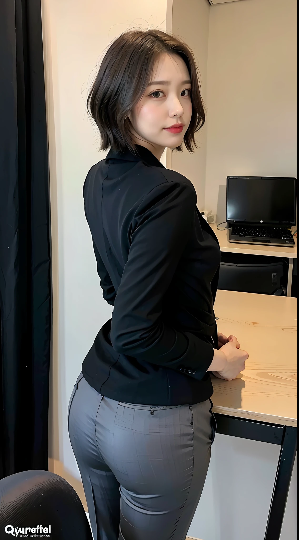 (best qualtiy,8K,32K,tmasterpiece,hyper HD:1.2),1girll,beautiful japanese woman,a narrow waist,In black suit,Open jacket,office lady,Business suit,trouser,from back,office room,Office desk,(Cocked buttocks:1.2),详细的脸,short detailed hair,