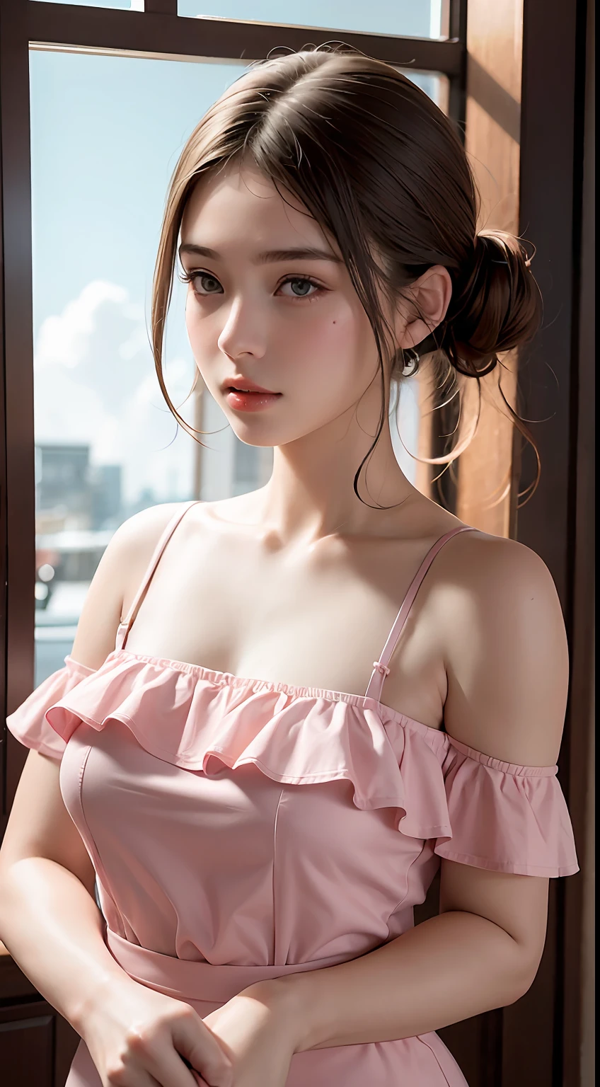 Best Quality, Masterpiece, Ultra High Resolution, (Realisticity: 1.4), Original Photo, 1girl, Pink Off-the-Shoulder, Cinematic Lighting