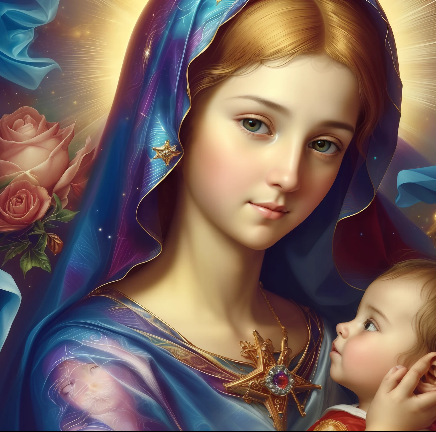 (((Santa VIRGEN MARÍA ROSA MÍSTICA and Child Jesus. 19 years old))) ((( Con una cara seria y piadosa. Con una mirada dulce y tierna))) (obra maestra, calidad superior, mejor calidad, arte oficial, beautiful and aesthetic: 1.2), (1girl), extremadamente detallado, (Arte fractal: 1.3), colorido, highest detailed, Cara perfecta, parte superior del cuerpo, HDR, (orando: 1.3), (golden lines of white coat: 1.2), galaxia, (rayas de luz), eye-catching visuals, (dynamic stripes, senderos luminosos: 1.2), colores vibrantes,