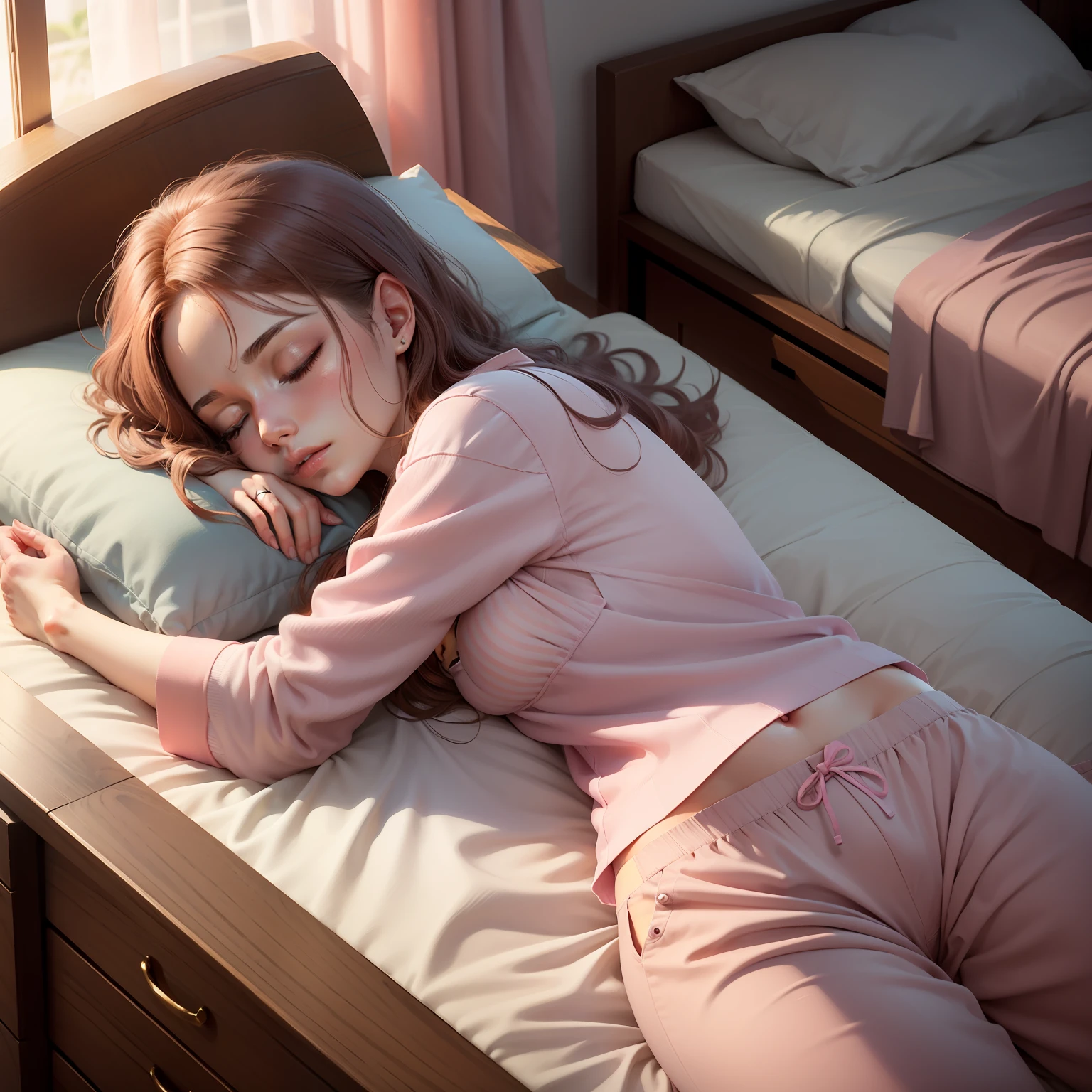 Sleeping girl boy, 22 years old, realistic, she is wearing long pants, she is wearing pink pajama, brown hair.