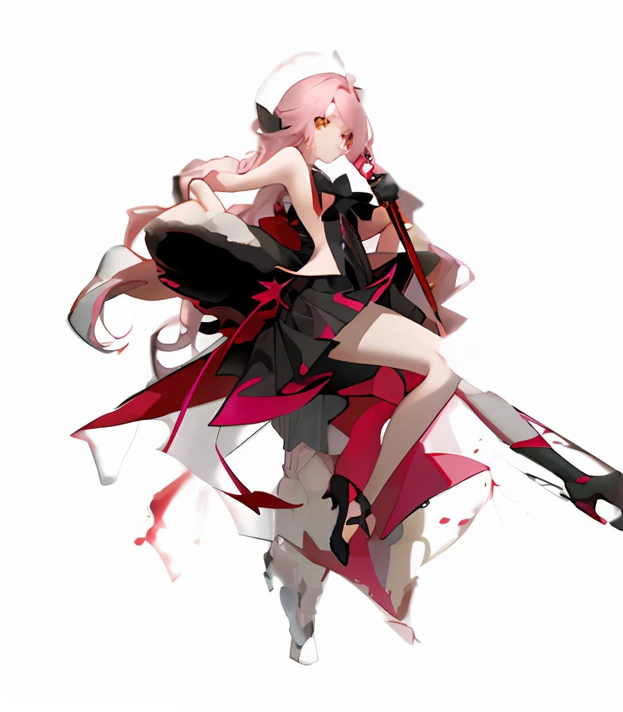 A beautiful maiden，Pink hair，Golden pupils，Red coat，Baseball bat in hand，Zone Zero，Black and white dress，Black bow