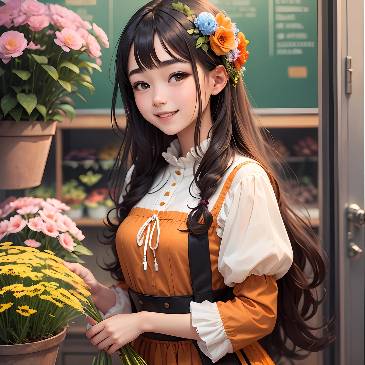 A cute girl with long hair，Wearing an orange dress，Very happy，I'm taking care of the flower shop，There are flowers，There are plants，Tiere，There are desks，There are walls on the field --auto --s2