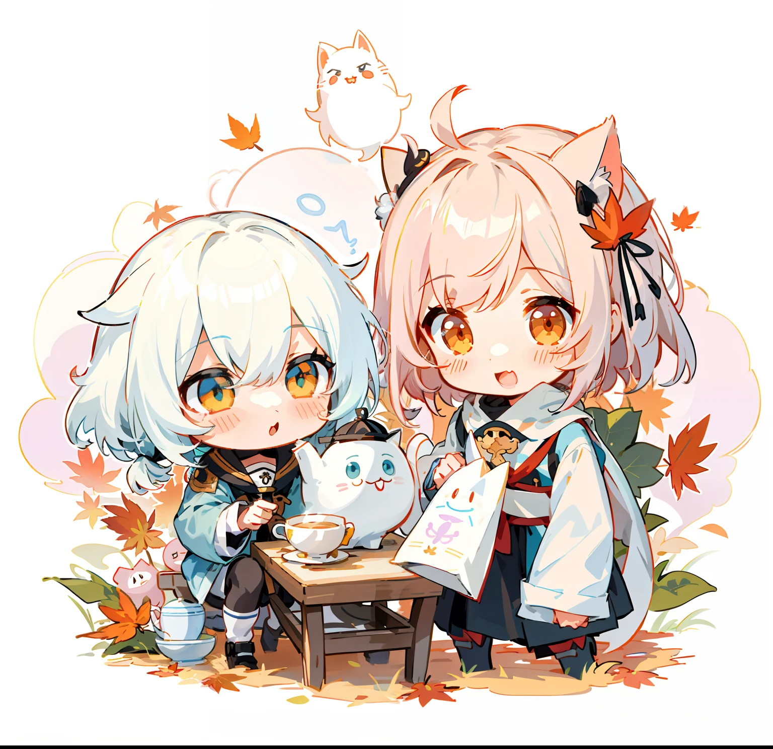 Anime - Style drawing of two girls with teapot and cat, 🍁 Cute, hidari and vlop, rimuru and milim, Kantai collection style, Cute boys, official fanart, Sirius A and Sirius B, Genshin, lalafell, 《Ghost Wind Special Assault Team》The art of pixels, offcial art, petros and leonid, Official artwork