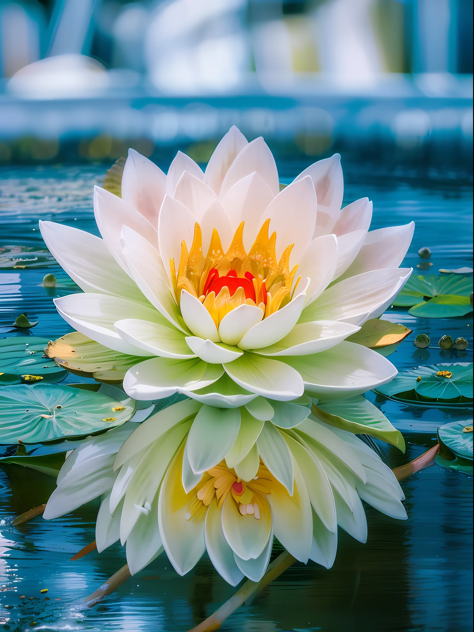 Un primer plano de una flor rosa flotando en la parte superior de un estanque, Flor de loto, sentado en una flor de loto, Flor reflectante, Flores de loto en el agua, de pie con gracia sobre un loto, con flores de loto, Nymphaea, Flores de loto, Lotus petals, loto, Lotos, lily pad, flotando en un poderoso estado zen, Estanque de lotos