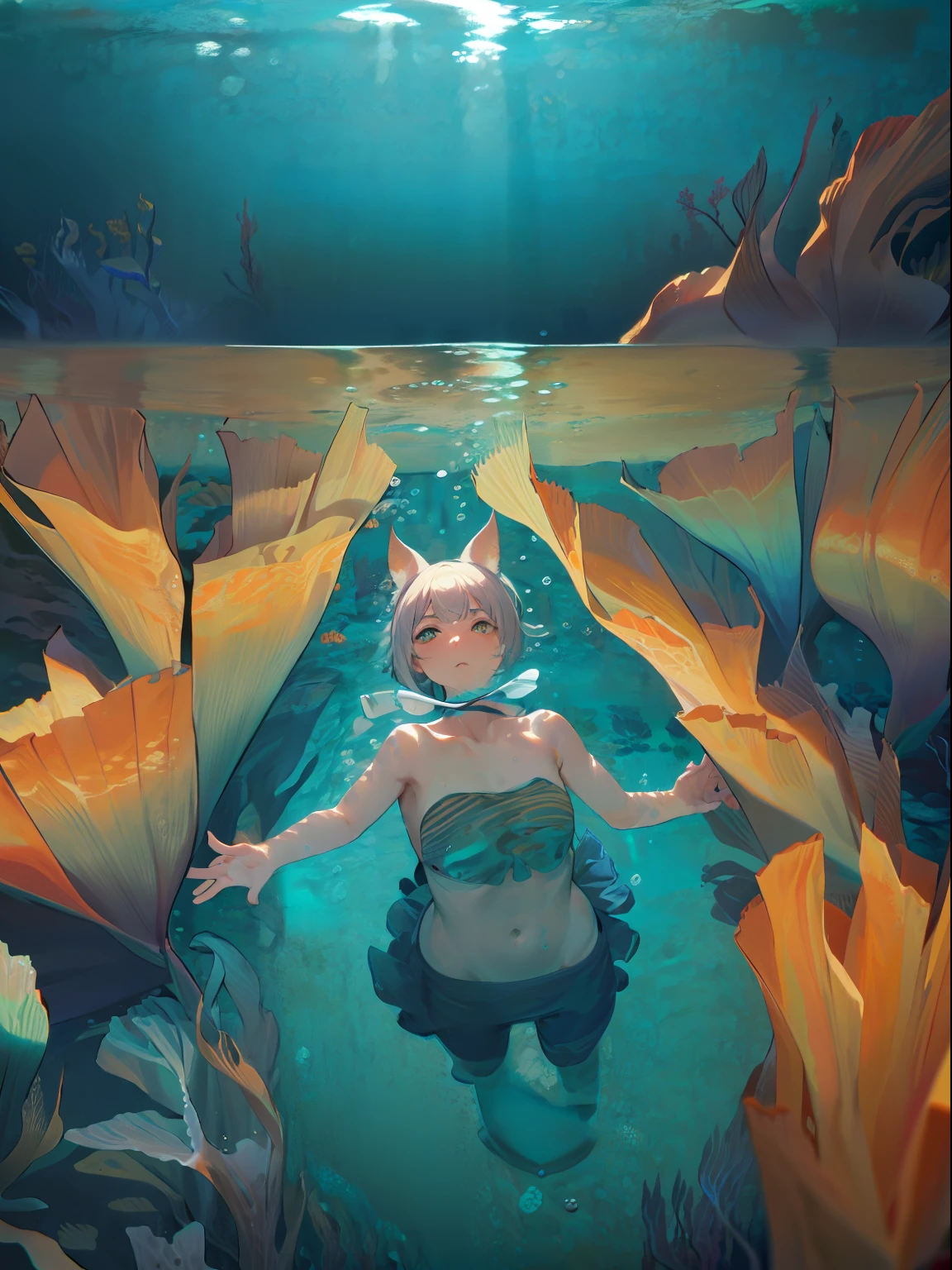 Best quality, 4k, (underwater:2), civilized town, ancient era, crowded, fantasy, civilization, people with animal ears, daily life, lively, ancient, europe,