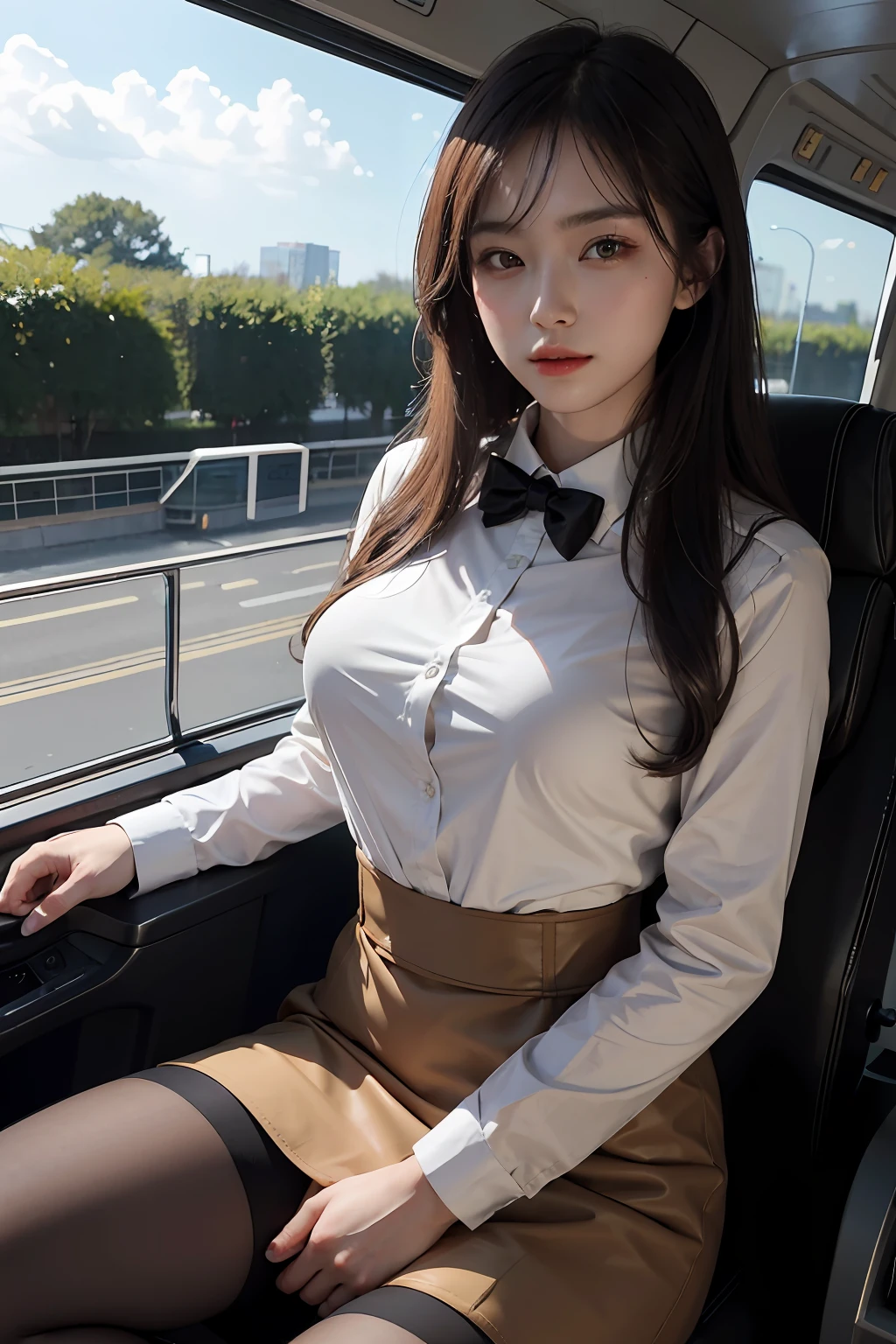 best qualtiy, tmasterpiece, 8K, 超高分辨率, (Photorealsitic:1.4), highly detailed, intricately details, delicateandbeautiful, good lighting, profesional lighting, tack sharp focus, detailed shadow, Exquisitedetailsandtextures, depth of fields, Unity 8k壁纸, cinematic compositions, cinmatic lighting, offcial art, Crew, Flight attendants, black pantyhoses, Beautiful and elegant face, 详细的脸, A detailed eye,photo-realistic hair,long whitr hair,(1个Giant Breast Girl),(standing on your feet:1.3),great outdoors