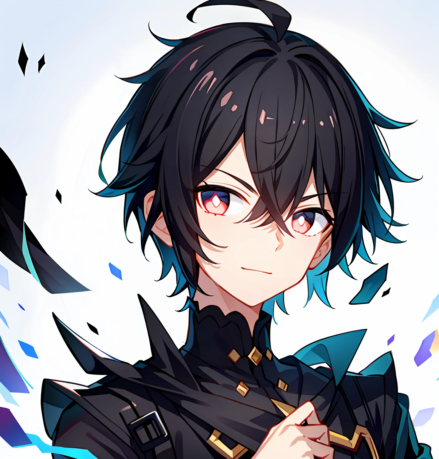 Boy with black hair,The expression is serious,Eyes resolute,A slight smil,Short hair,sideface,Left hand open